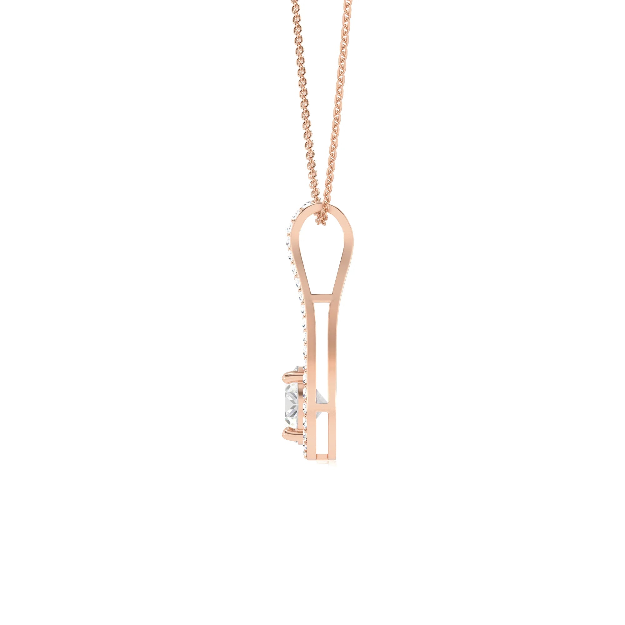 lab grown moissanite round solitaire v-bale necklaces in rose gold 