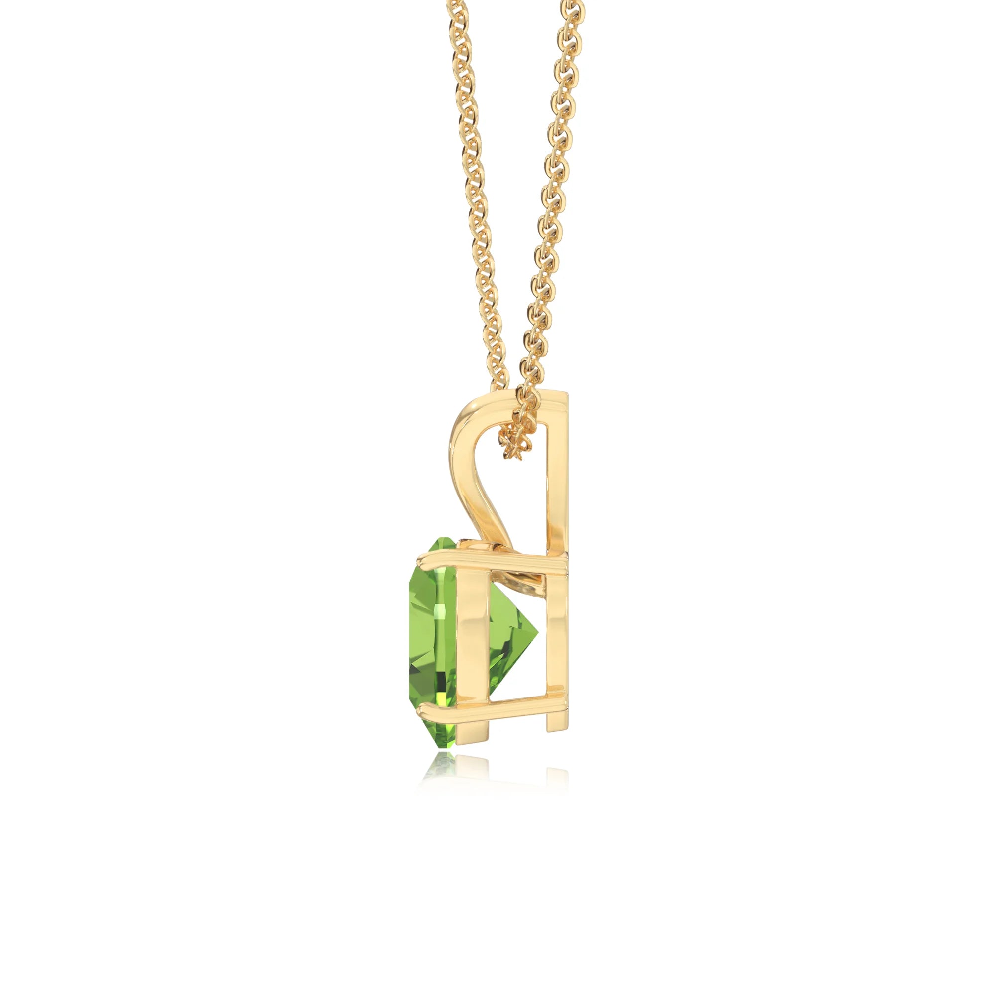 natural peridot heart solitaire v-bale necklaces in yellow gold 