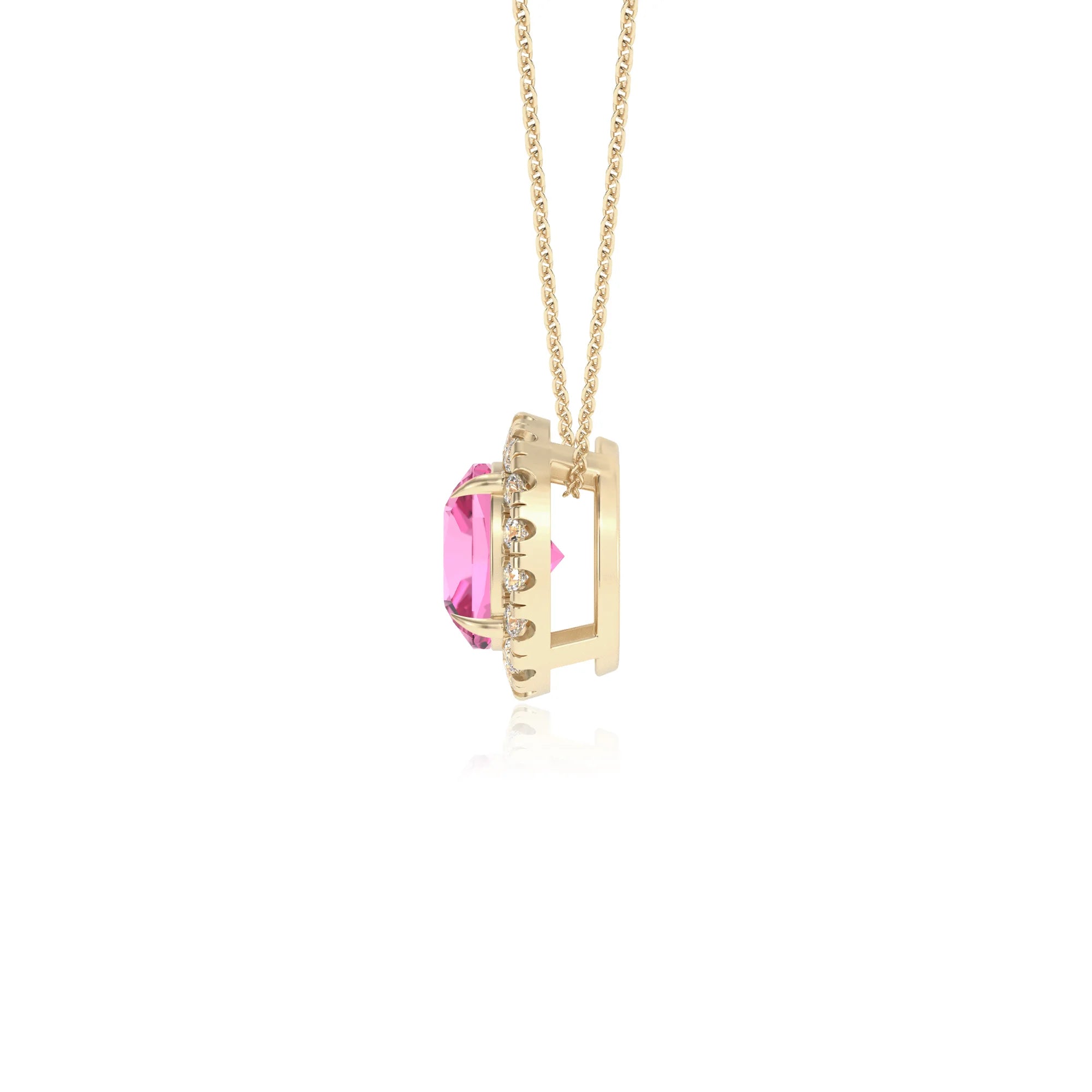 lab grown pink sapphire cushion solitaire necklaces in yellow gold 