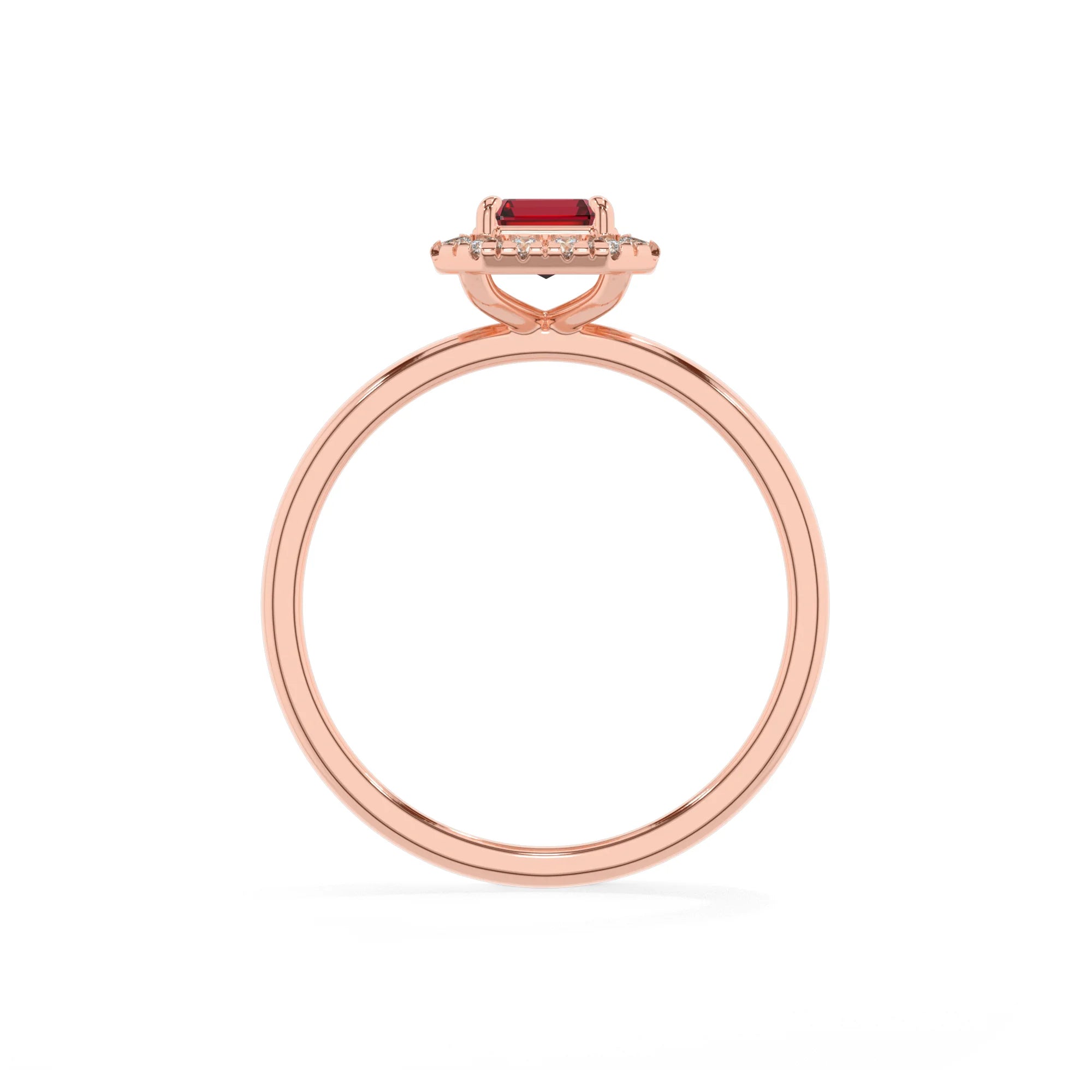 lab grown ruby emerald cut solitaire rings in rose gold 