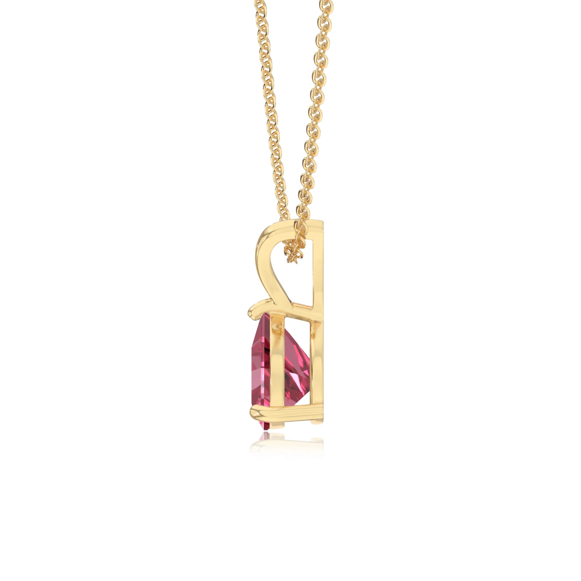 lab grown pink-tourmaline trillion solitaire v-bale necklaces in yellow gold 