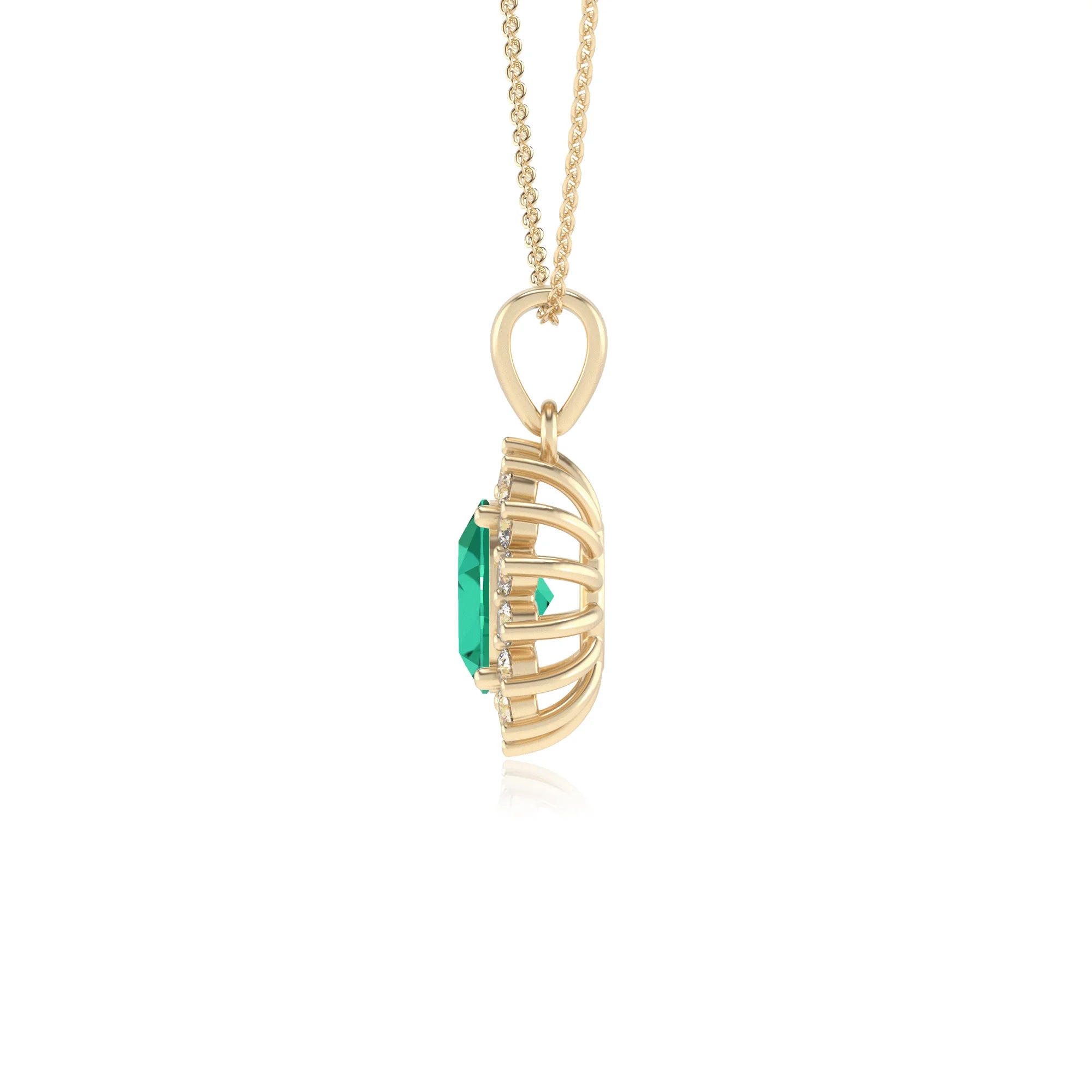 lab grown emerald oval halo necklaces in yellow gold 