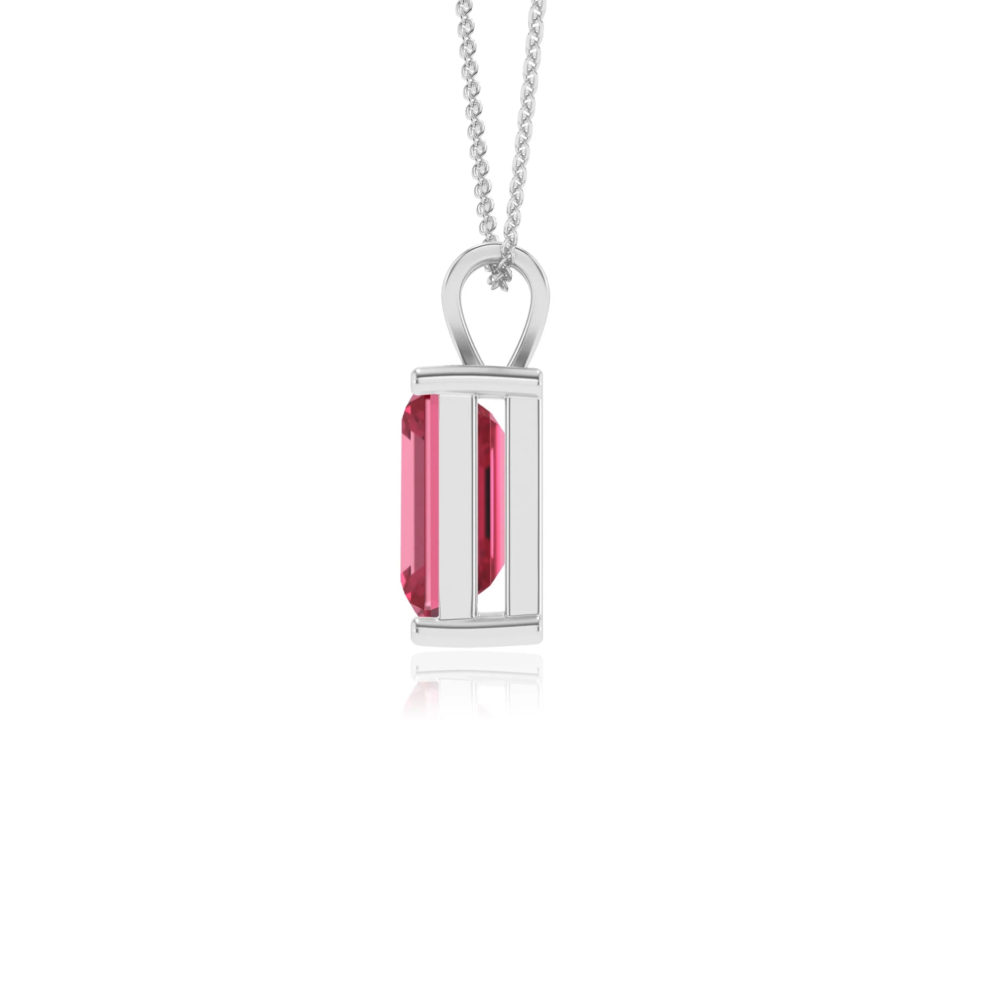 lab grown pink-tourmaline emerald cut solitaire v-bale necklaces in sterling silver 