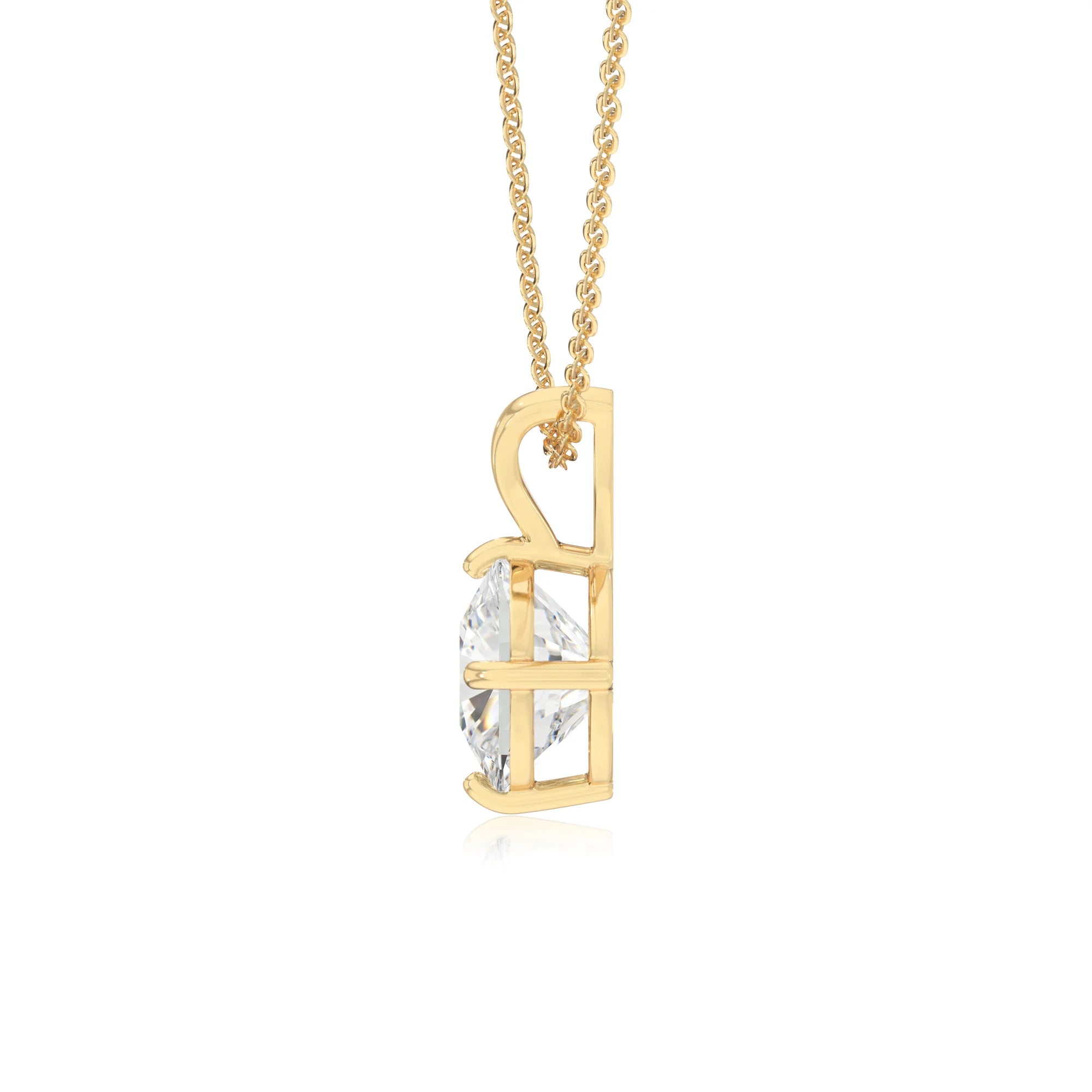 lab grown moissanite cushion solitaire v-bale necklaces in yellow gold 
