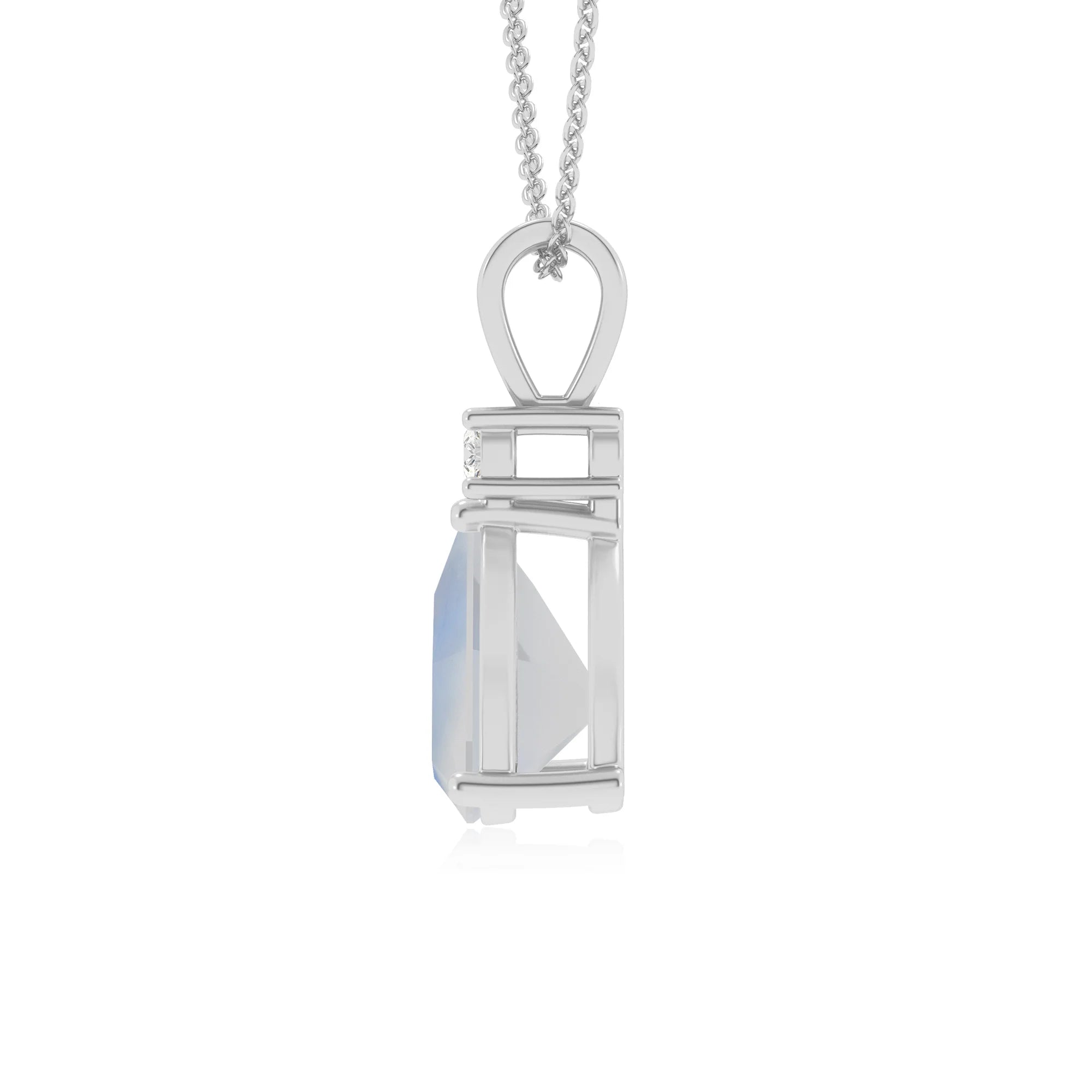 natural rainbow-moonstone trillion solitaire v-bale necklaces in platinum 
