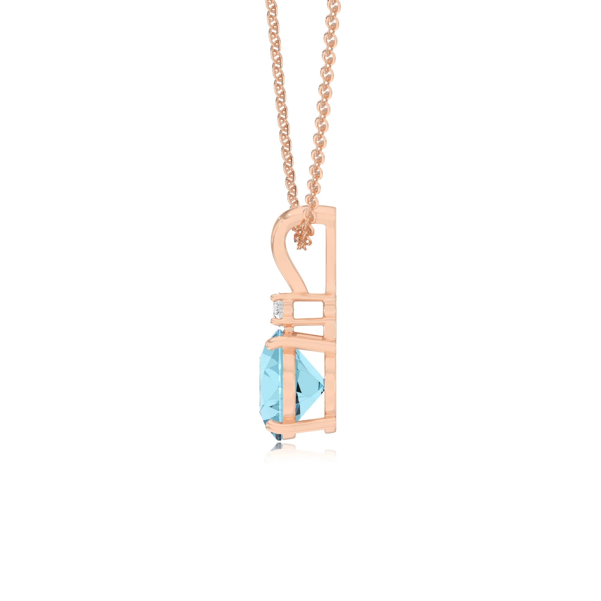 lab grown aquamarine round solitaire v-bale necklaces in rose gold 