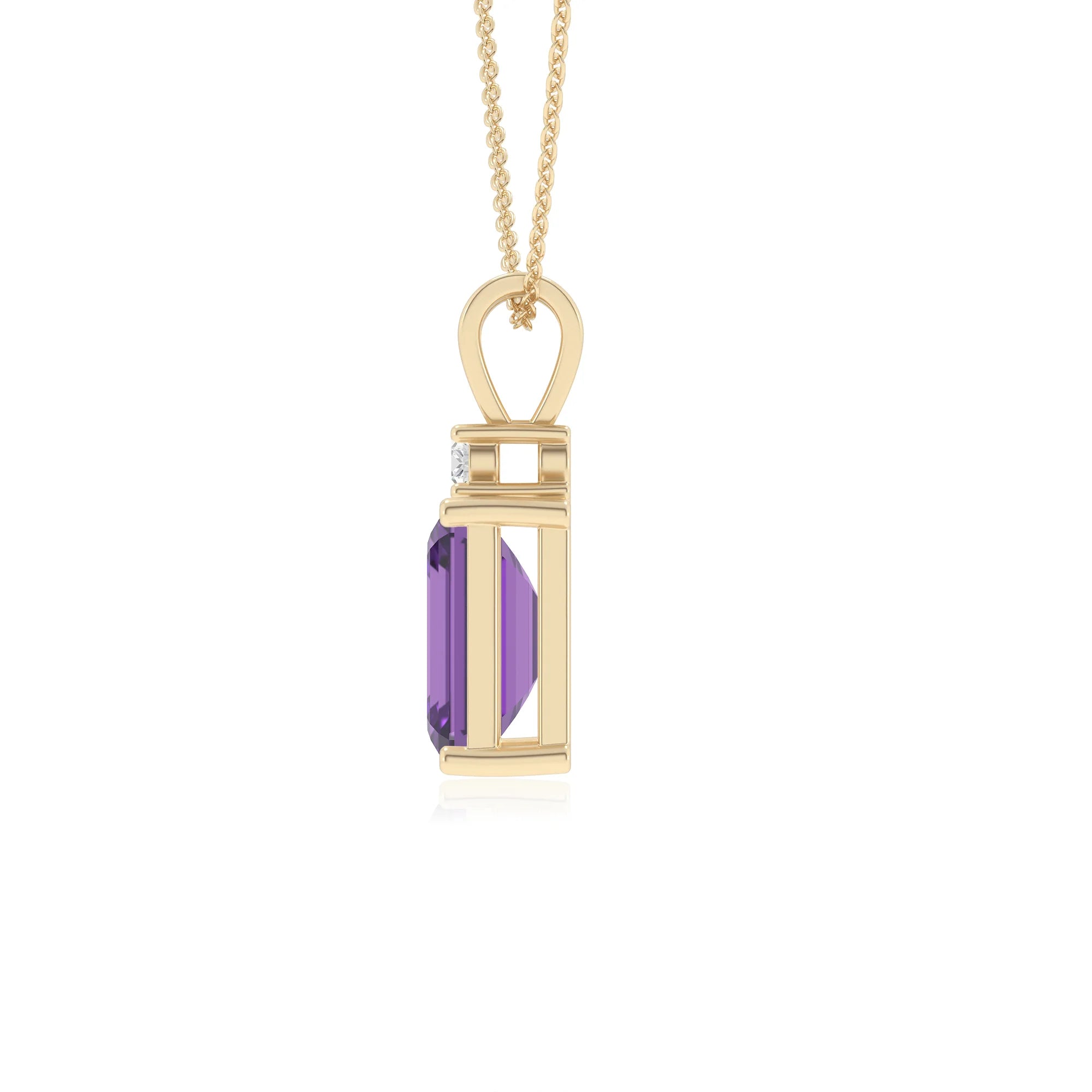 lab grown amethyst emerald cut solitaire v-bale necklaces in yellow gold 