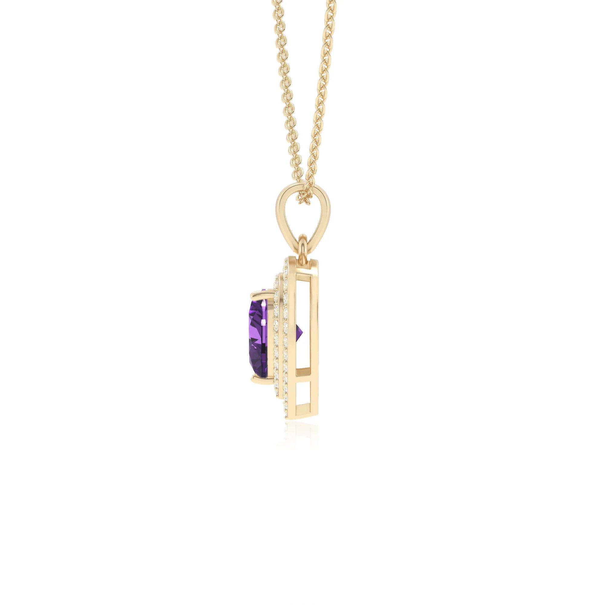 lab grown amethyst heart halo necklaces in yellow gold 