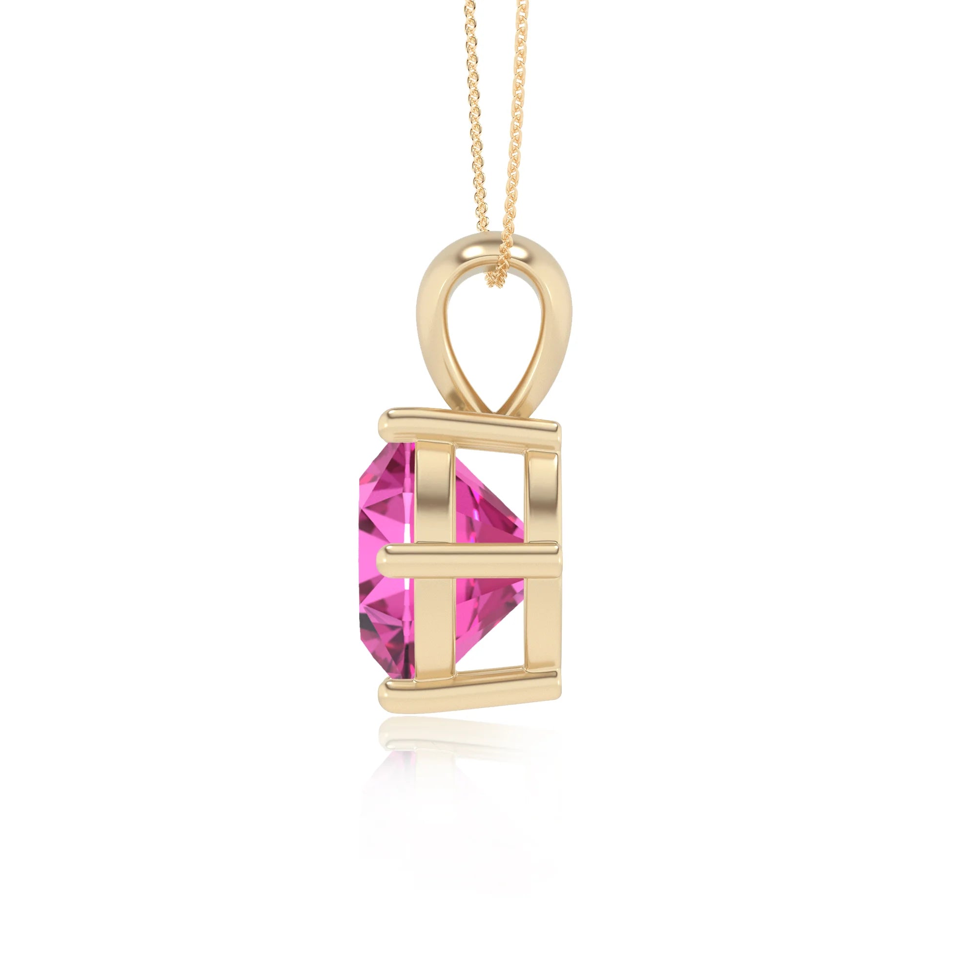 lab grown pink-sapphire round solitaire necklaces in yellow gold 