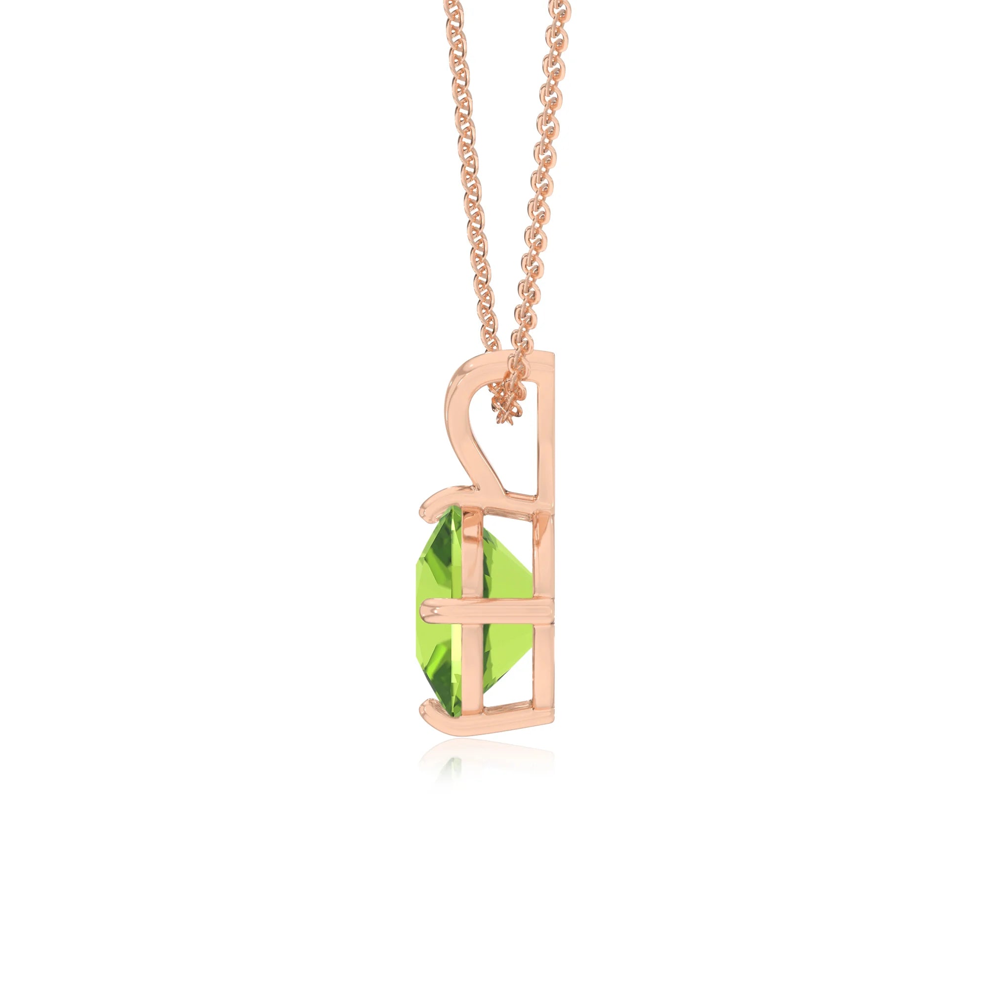 natural peridot cushion solitaire v-bale necklaces in rose gold 