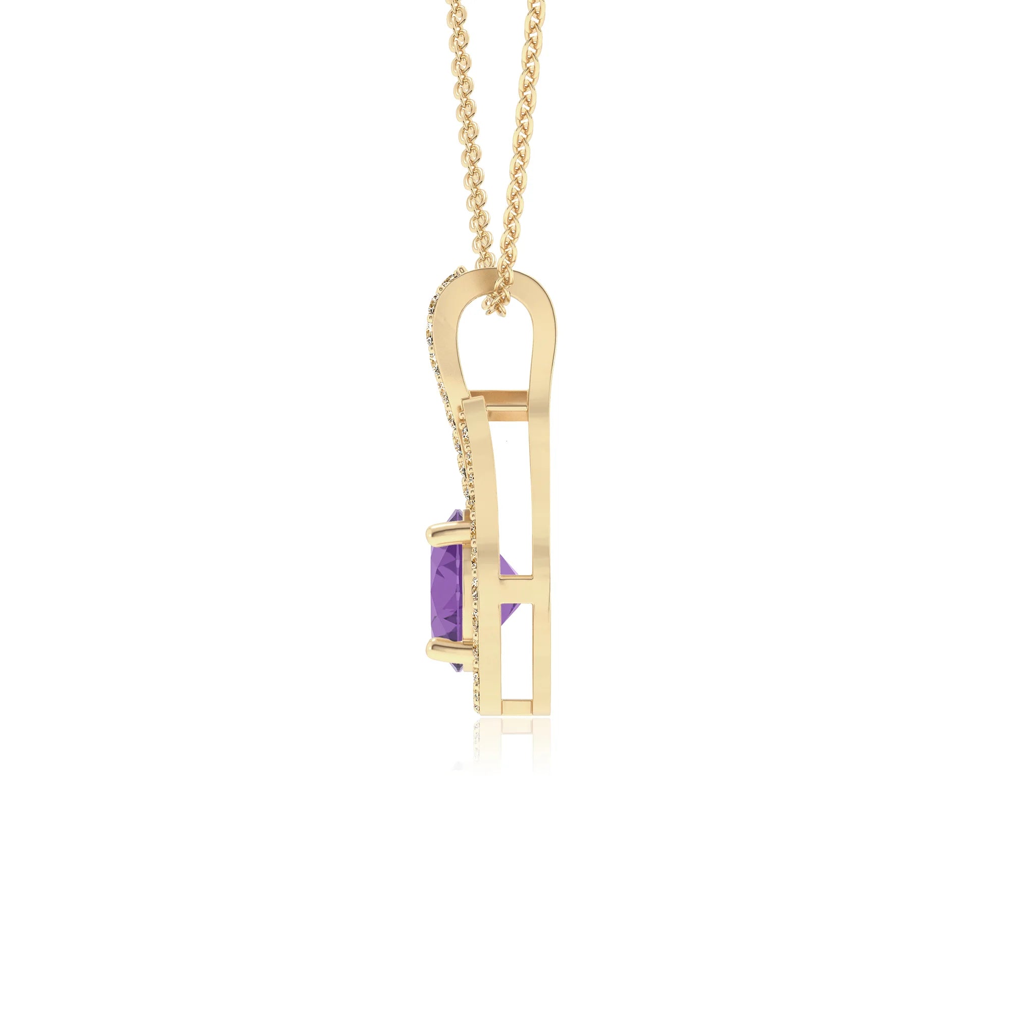 lab grown amethyst round solitaire necklaces in yellow gold 