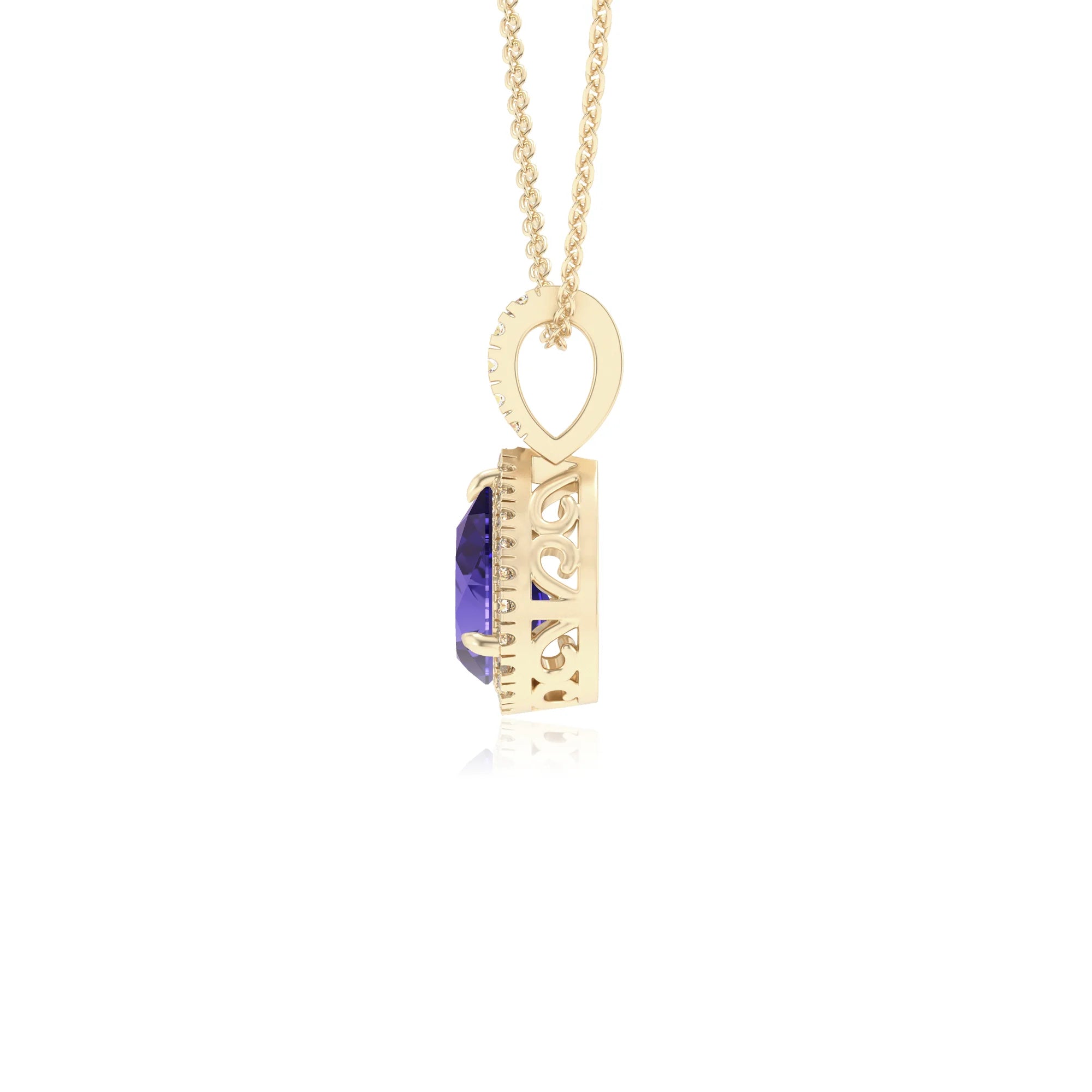 lab grown tanzanite pear solitaire necklaces in yellow gold 