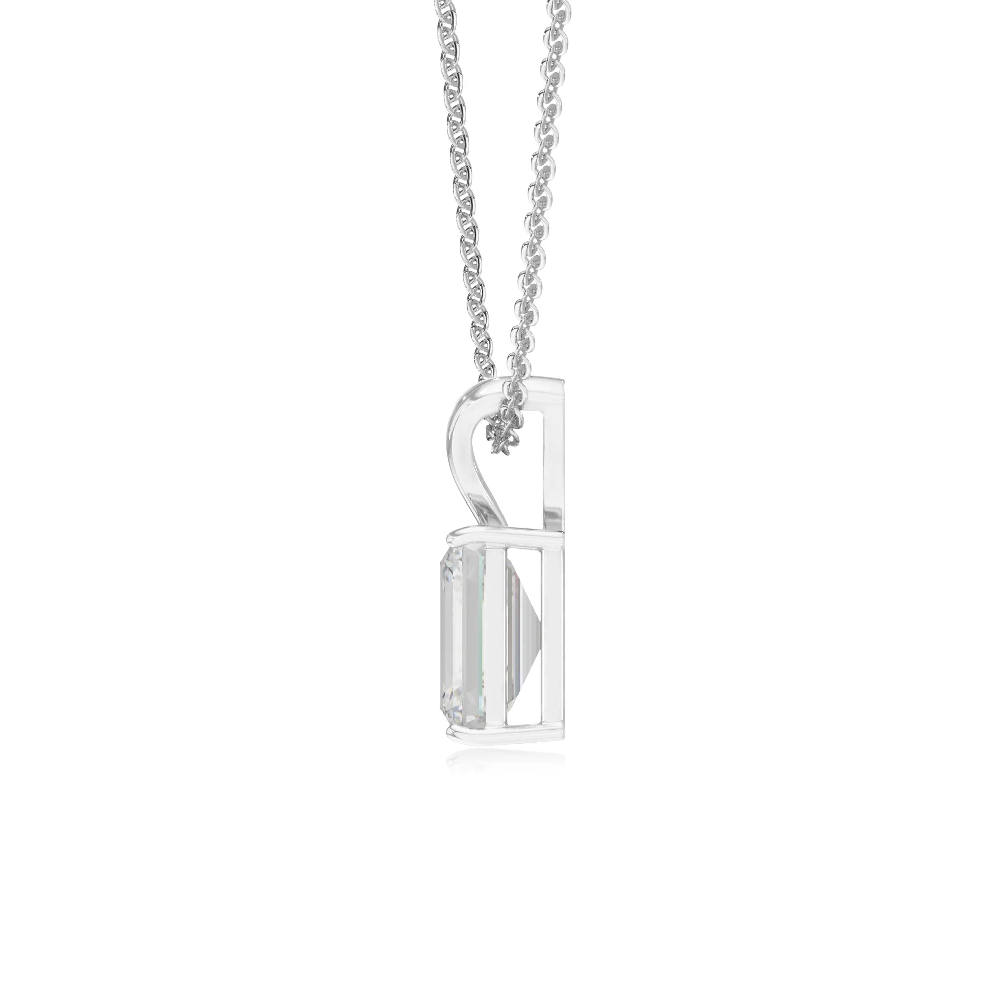 lab grown moissanite emerald cut solitaire v-bale necklaces in sterling silver 