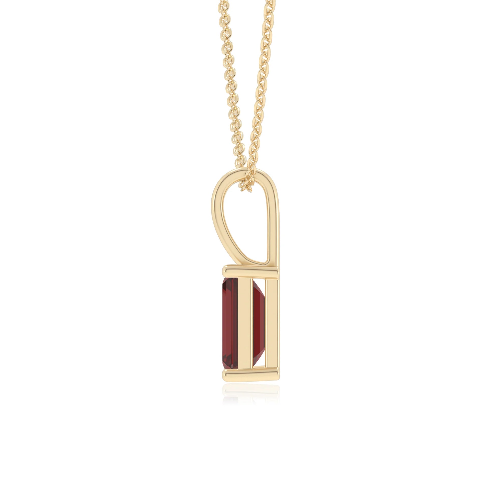 natural garnet emerald cut solitaire necklaces in yellow gold 