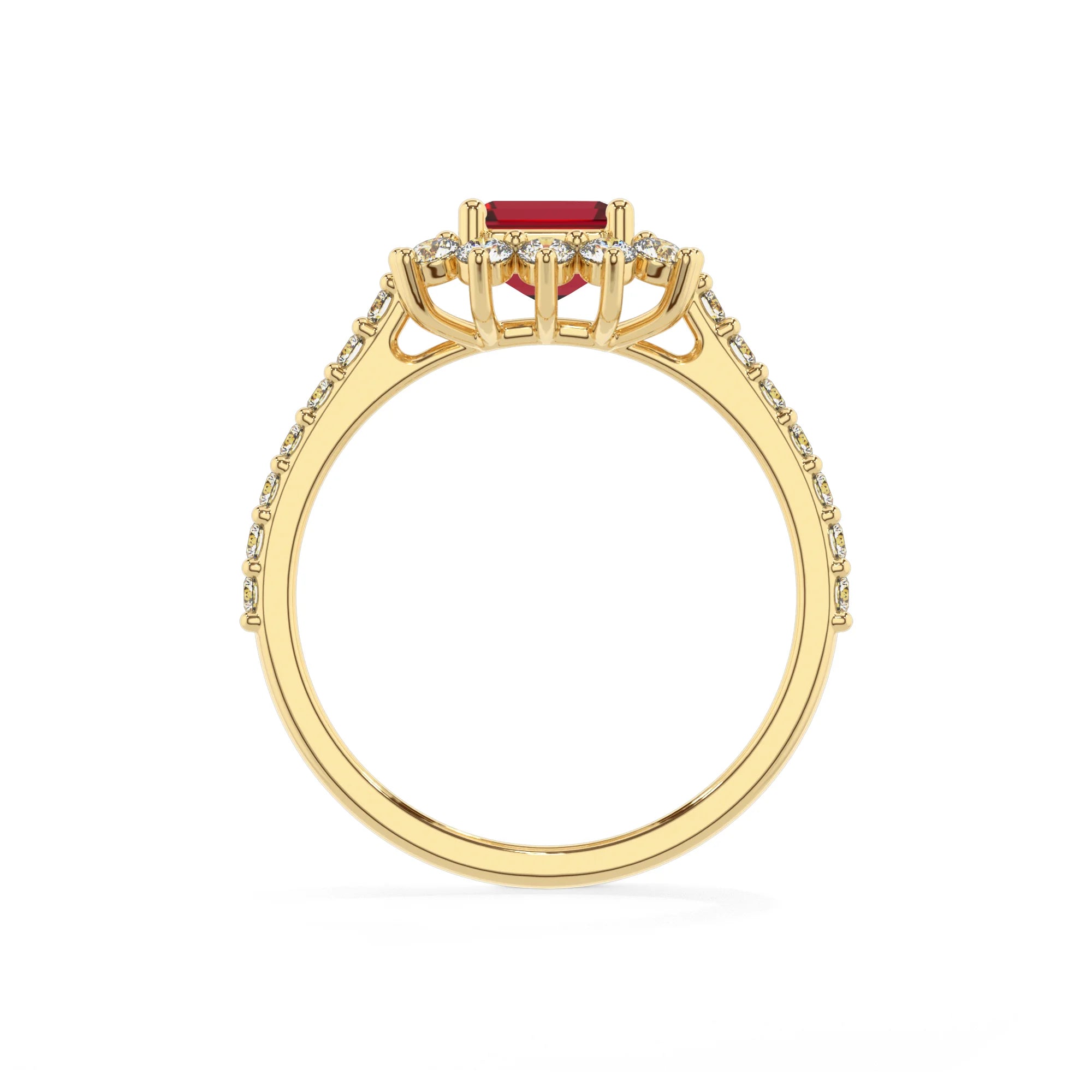 lab grown ruby emerald cut solitaire rings in yellow gold 