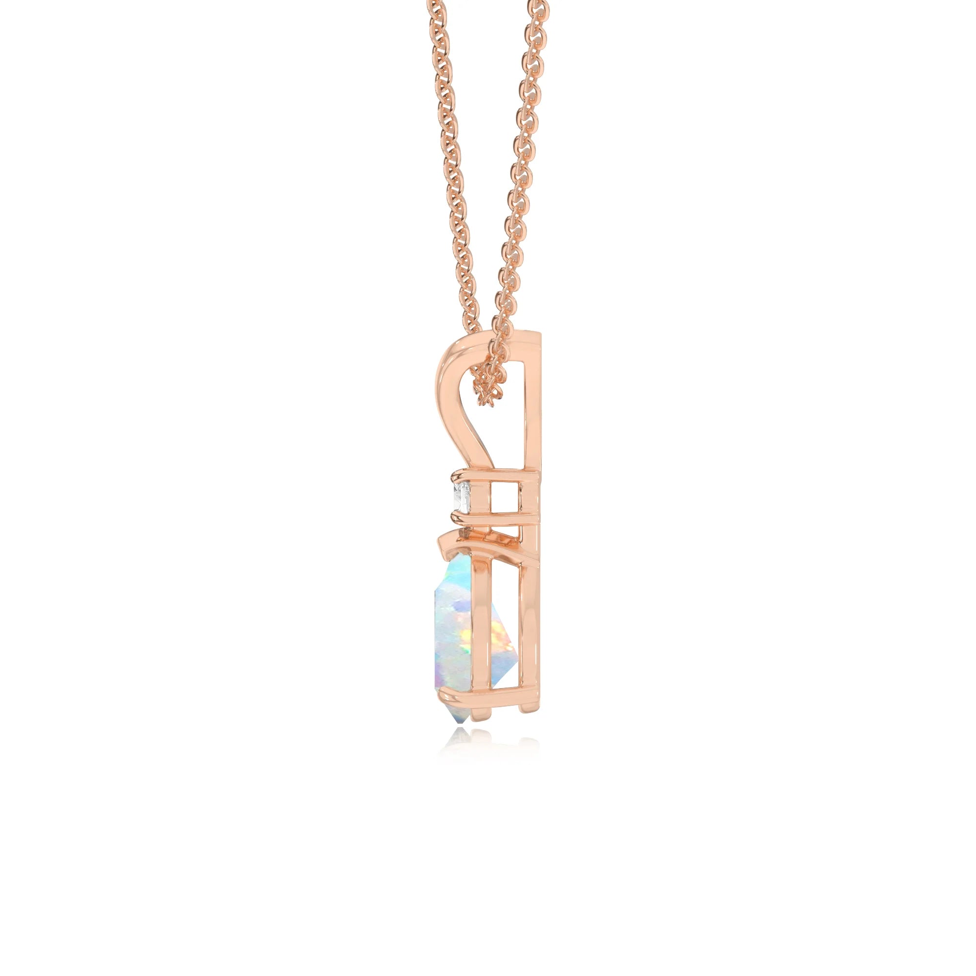 lab grown opal pear solitaire v-bale necklaces in rose gold 