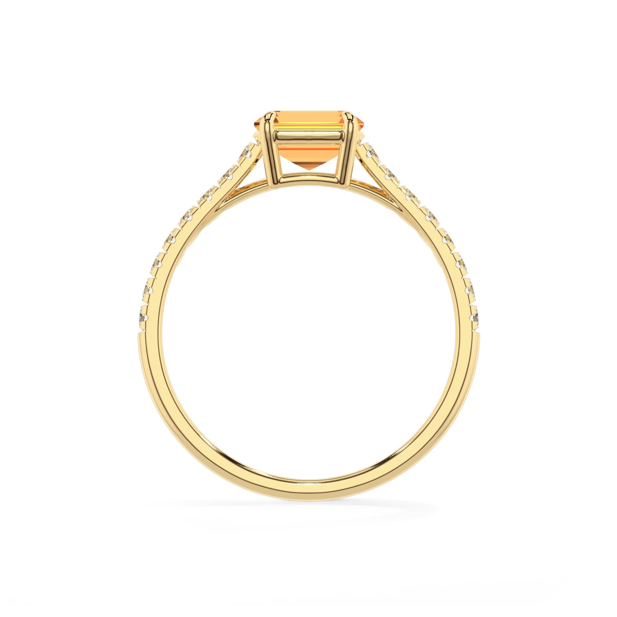 lab grown citrine emerald cut half eternity solitaire engagement rings in yellow gold 