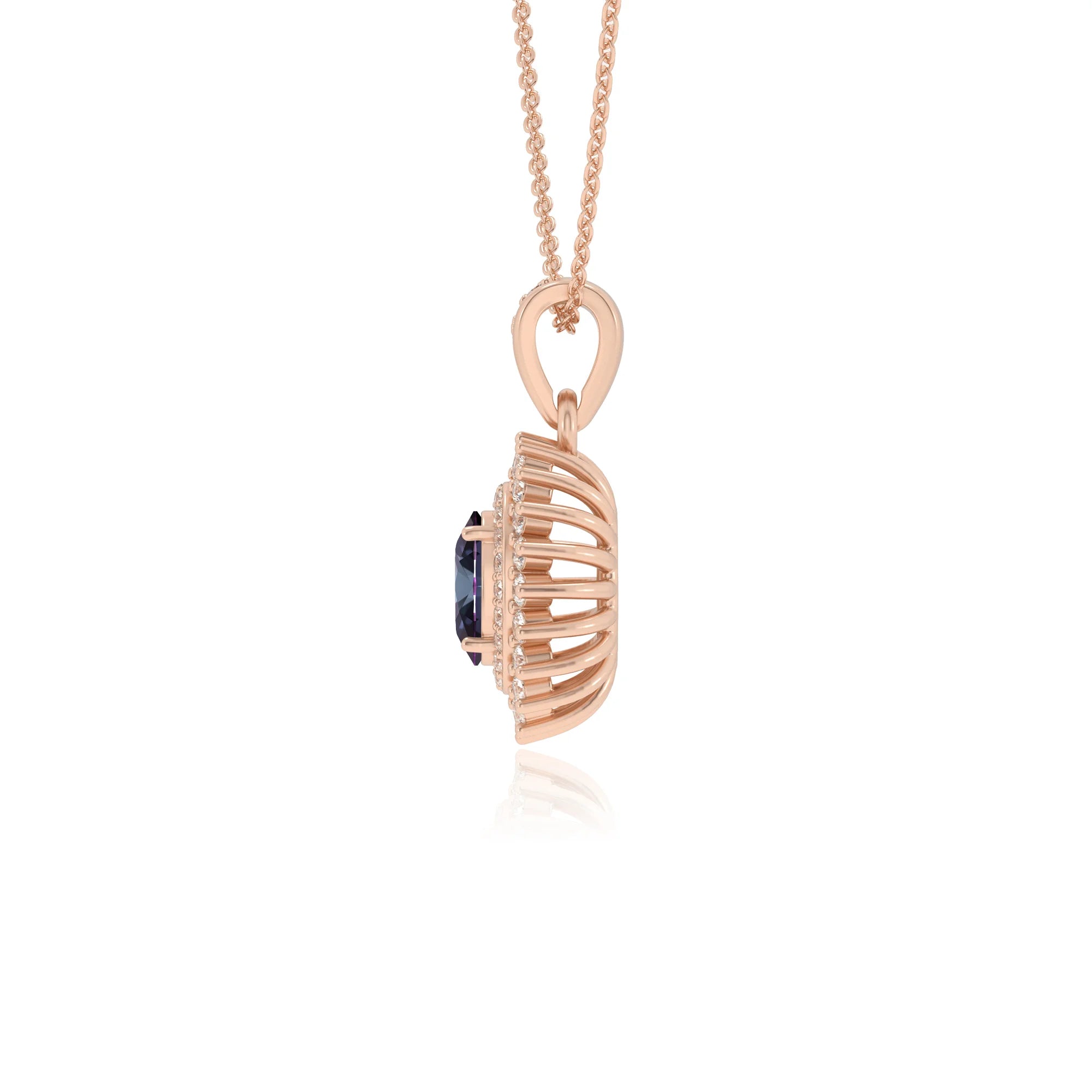 lab grown alexandrite oval halo necklaces in rose gold 