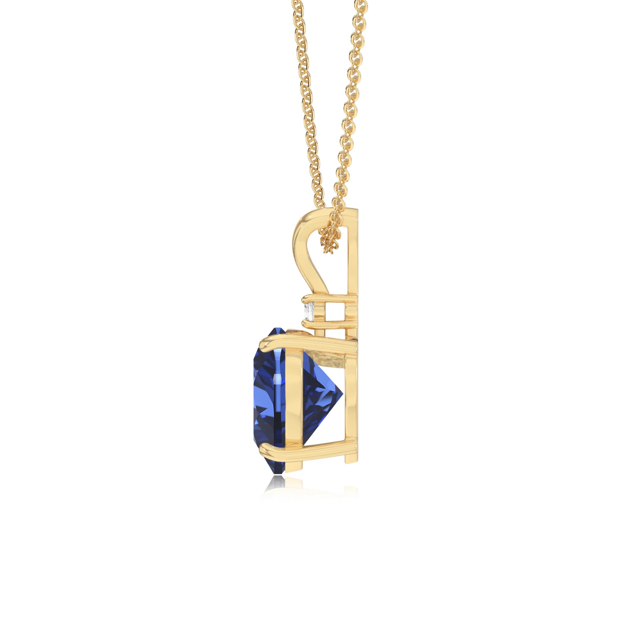 lab grown blue-sapphire heart solitaire v-bale necklaces in yellow gold 