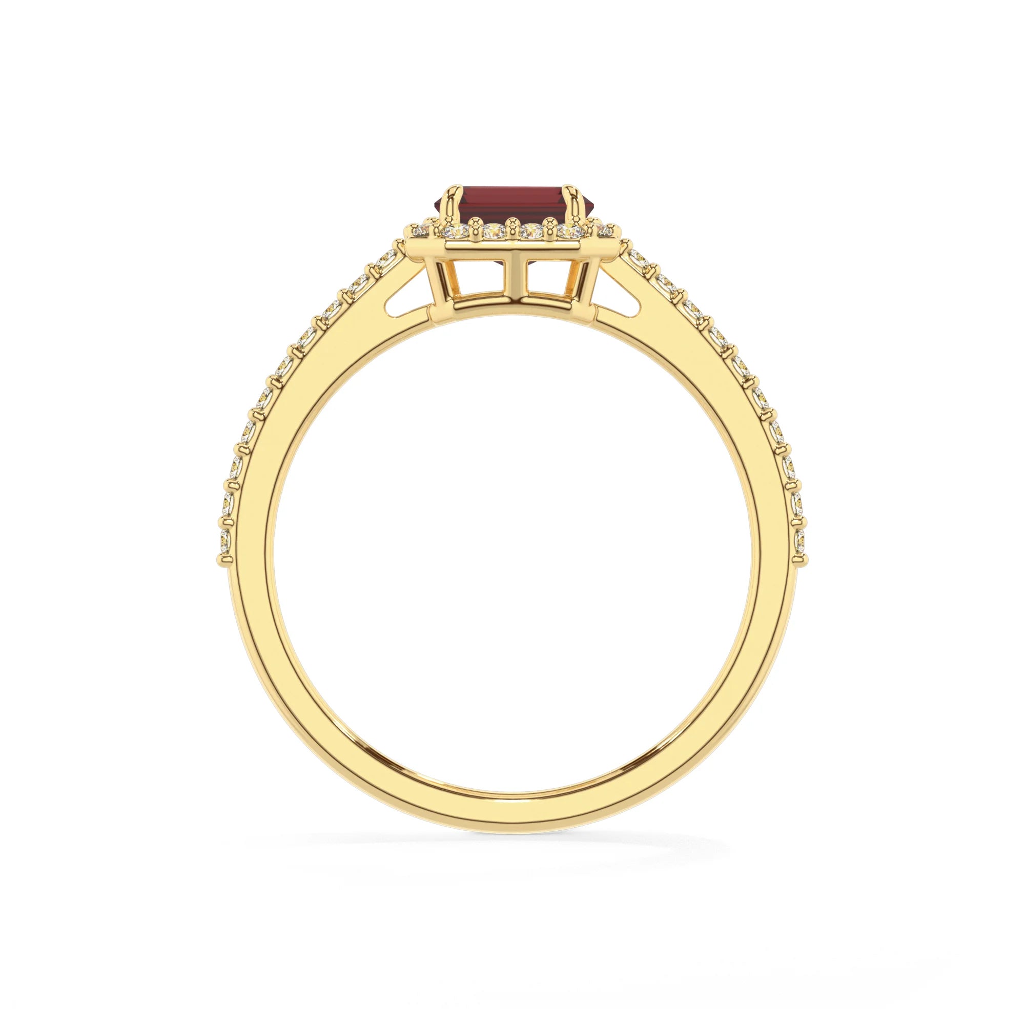 natural garnet emerald cut solitaire rings in yellow gold 