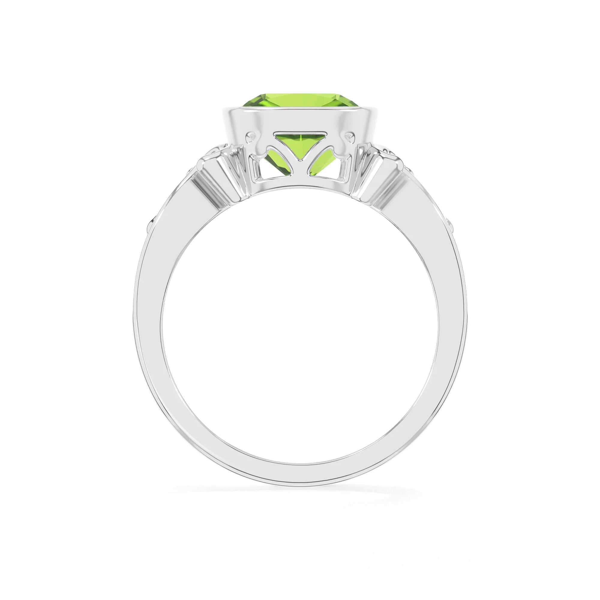 natural peridot cushion solitaire rings in platinum 