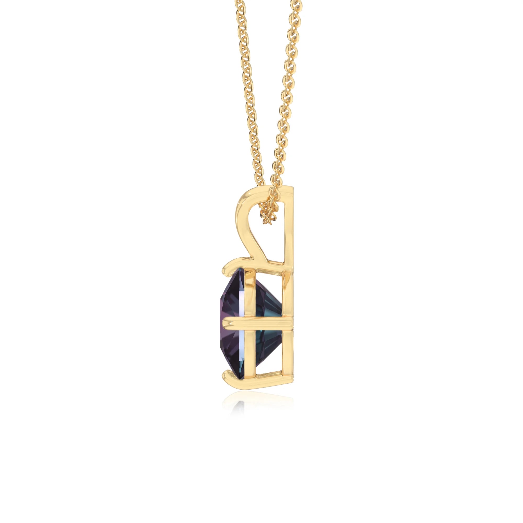 lab grown alexandrite cushion solitaire v-bale necklaces in yellow gold 