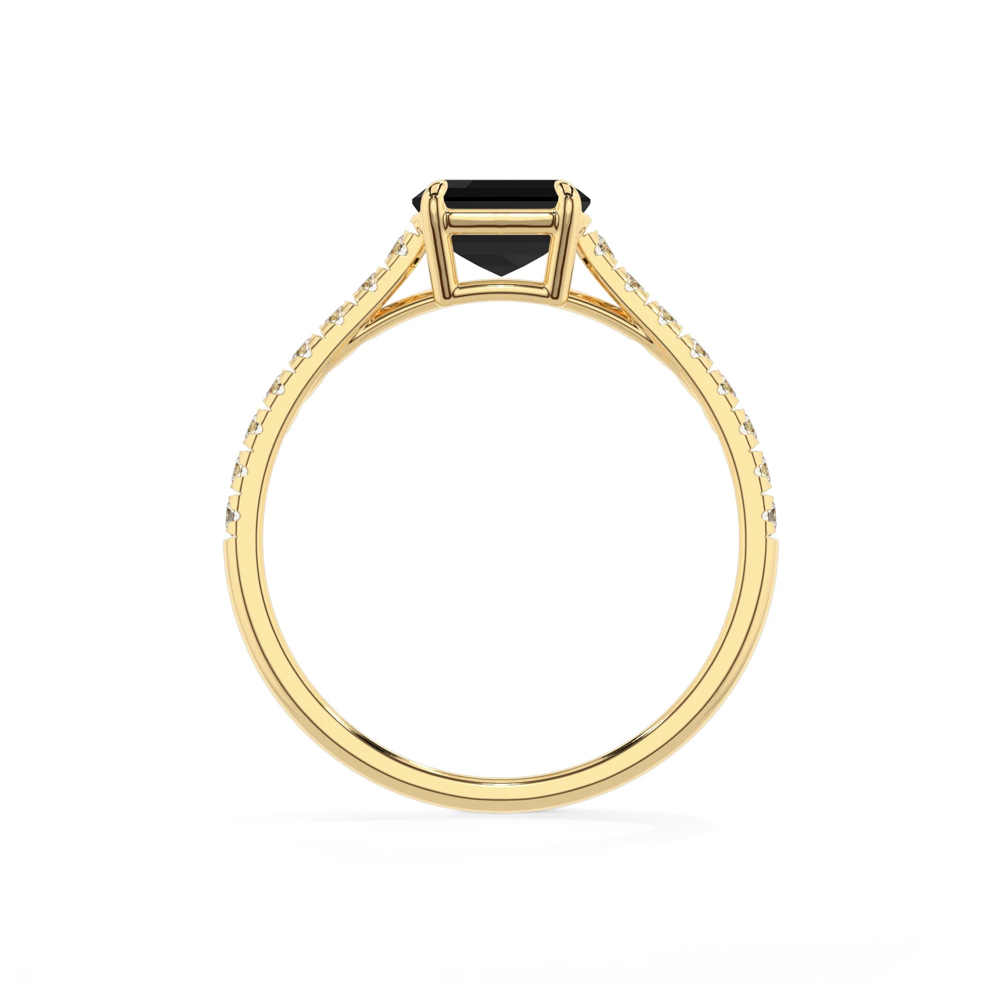 natural black-onyx emerald cut half eternity solitaire engagement rings in yellow gold 