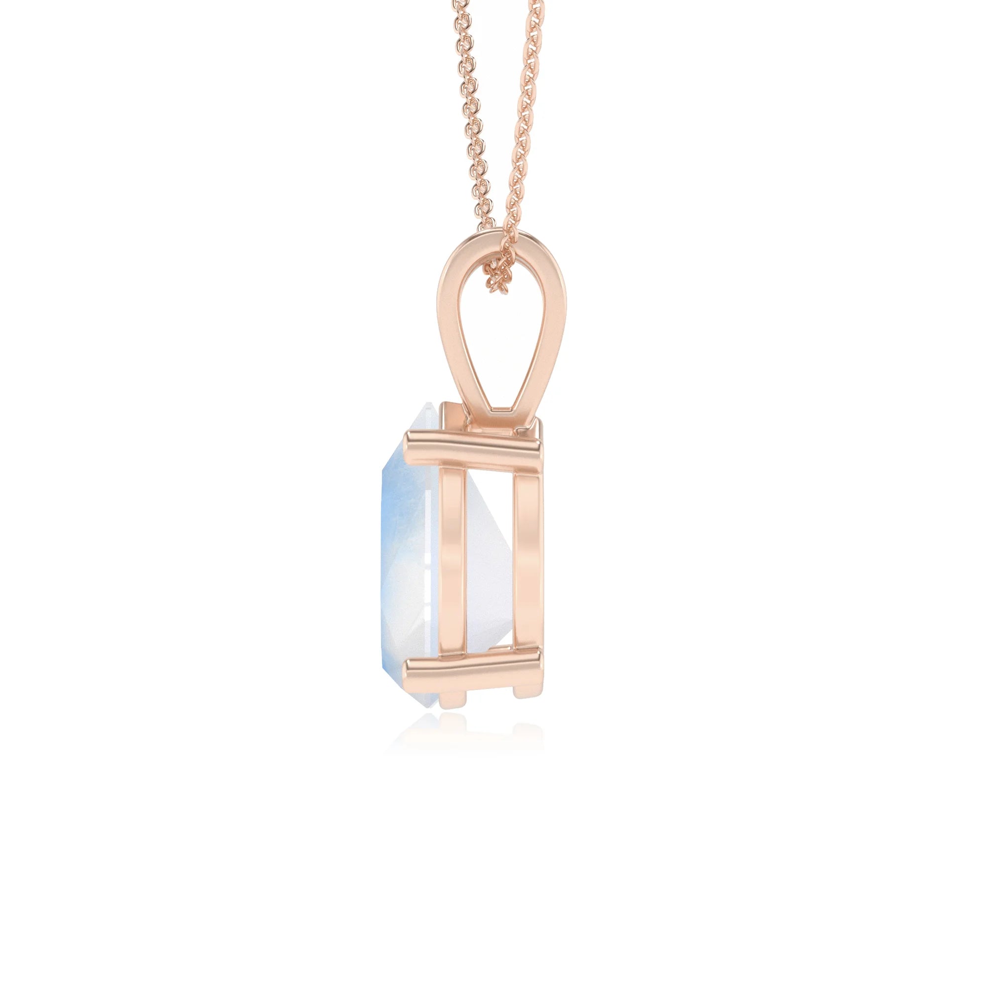 natural rainbow-moonstone pear solitaire v-bale necklaces in rose gold 