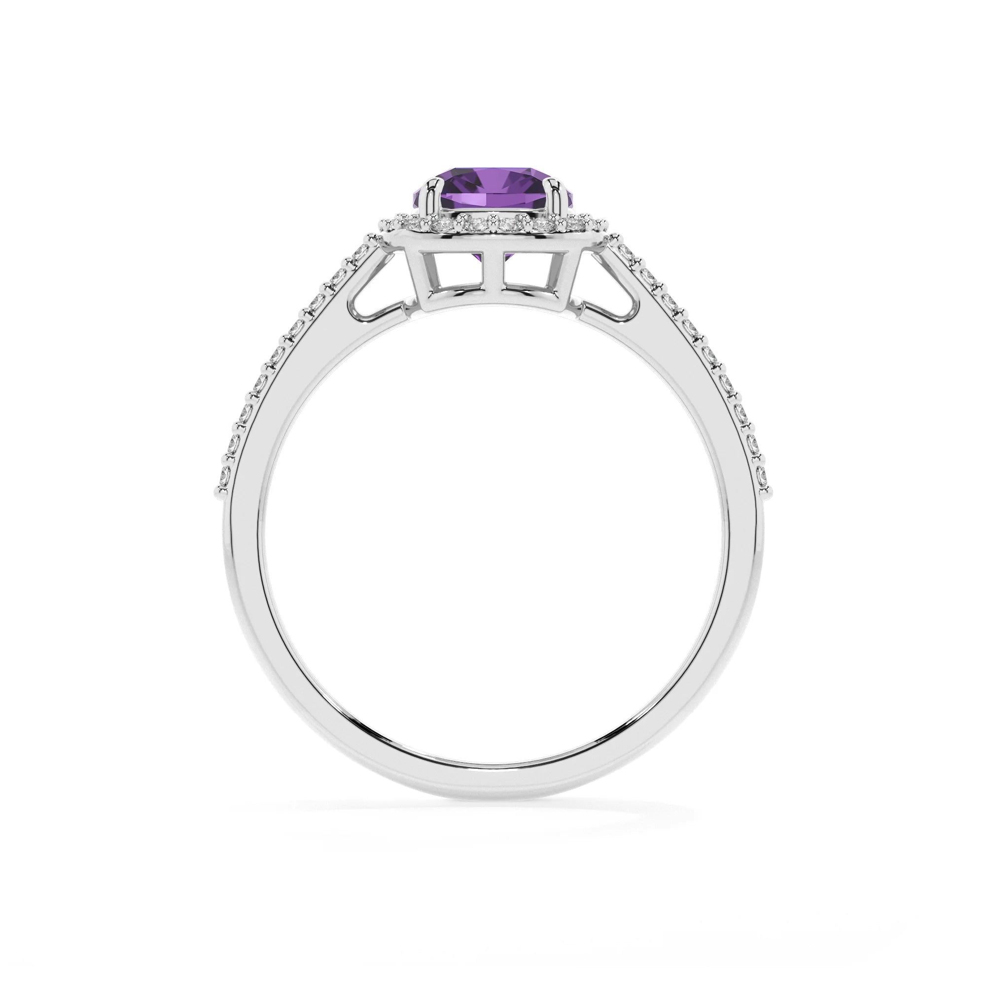 lab grown amethyst cushion solitaire rings in white gold 