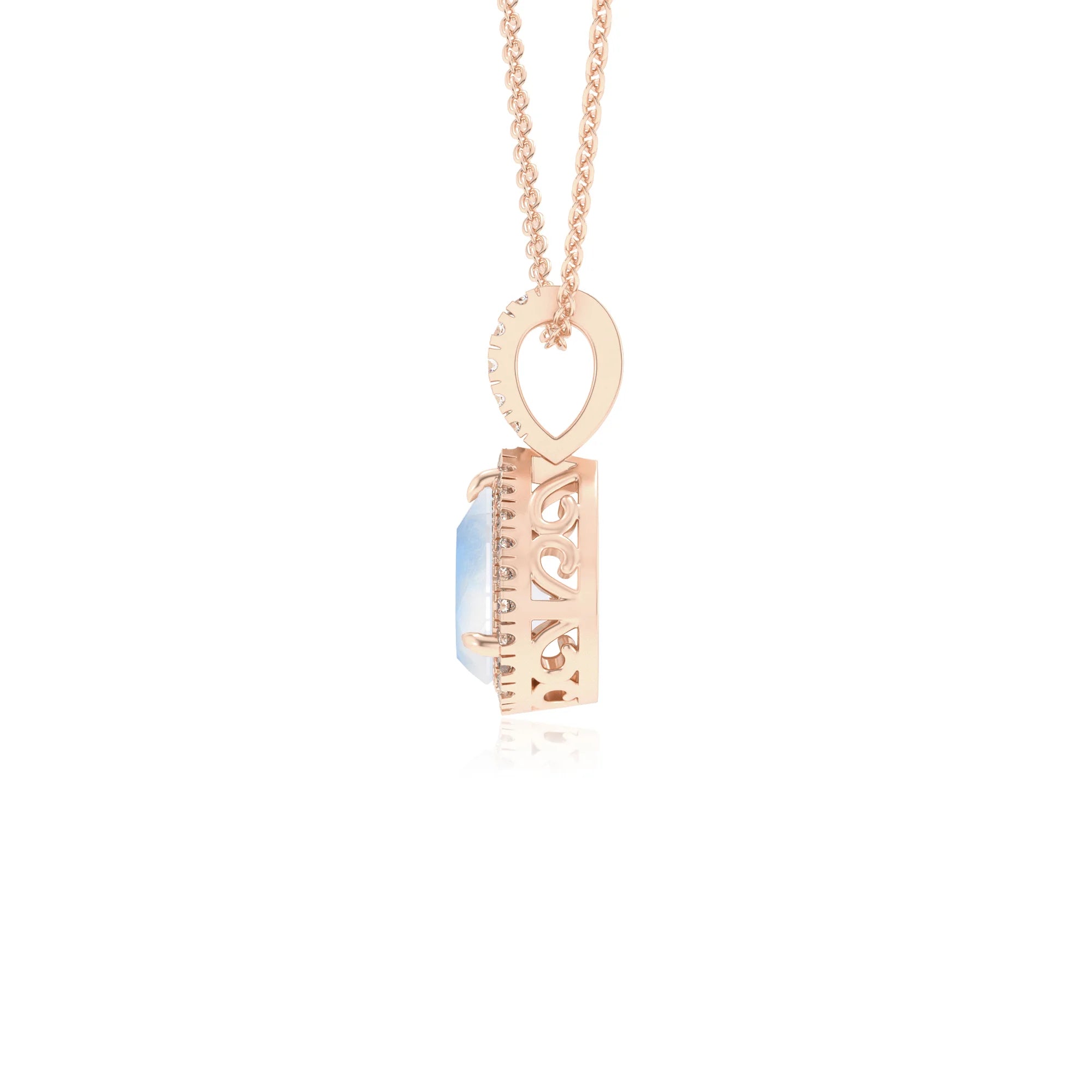natural rainbow-moonstone pear solitaire necklaces in rose gold 