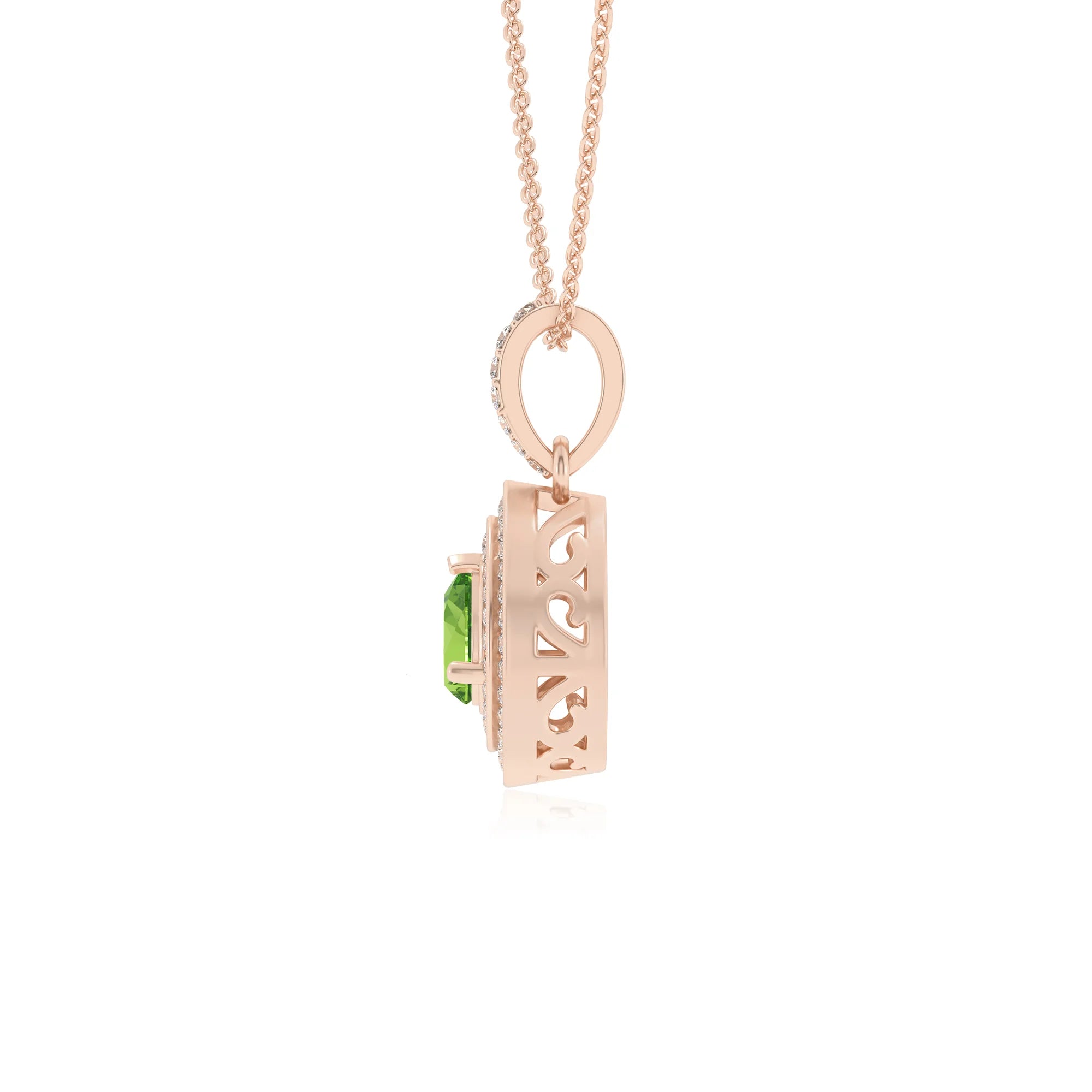 natural peridot pear halo necklaces in rose gold 