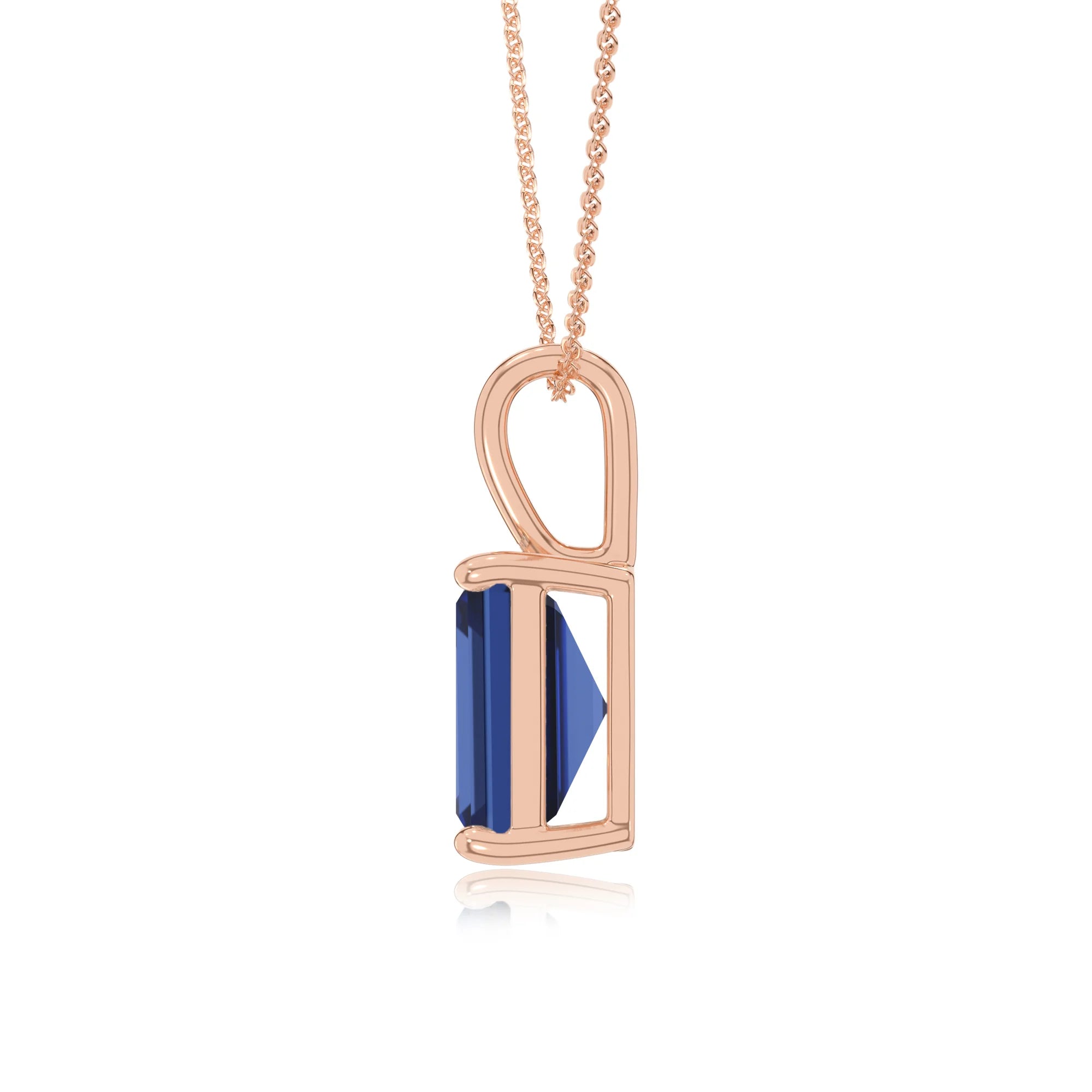 lab grown blue-sapphire emerald cut solitaire necklaces in rose gold 