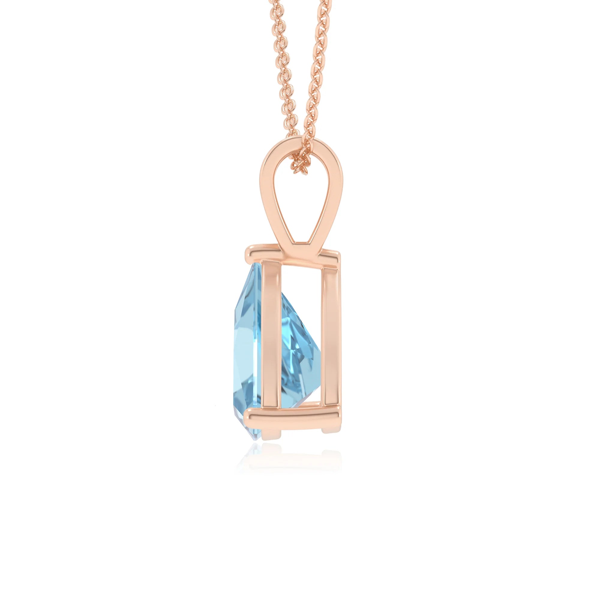 lab grown aquamarine trillion solitaire v-bale necklaces in rose gold 