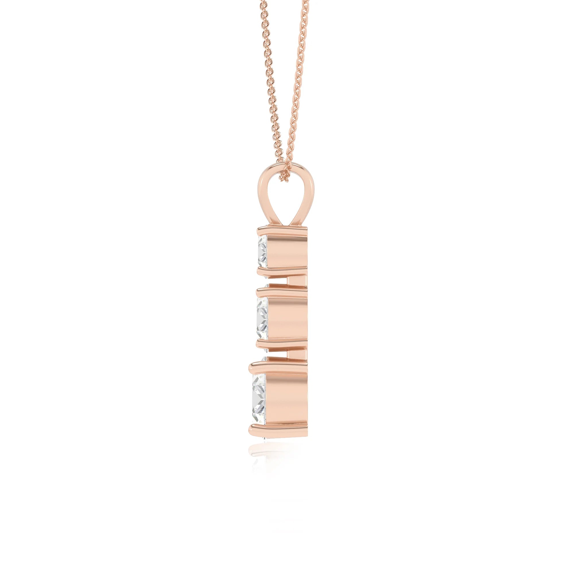 lab grown moissanite round bar v-bale necklaces in rose gold 