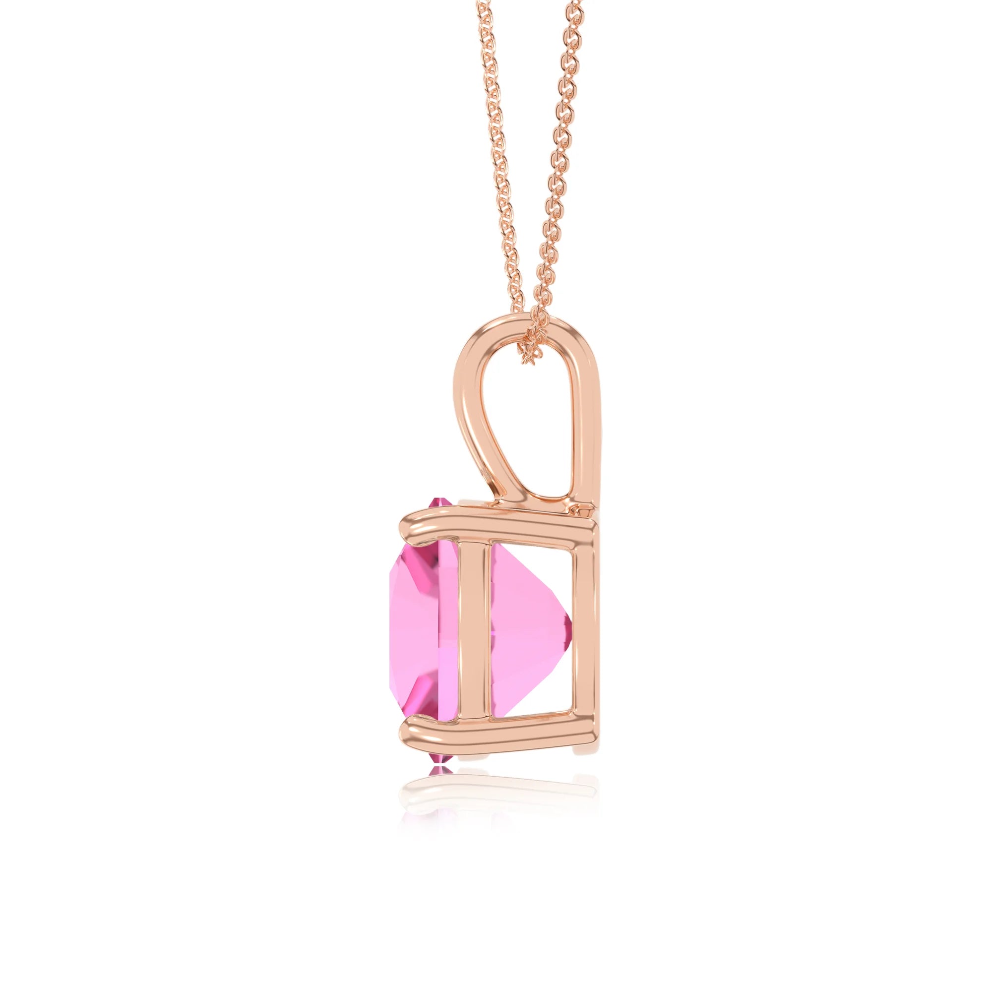 lab grown pink-sapphire cushion solitaire necklaces in rose gold 