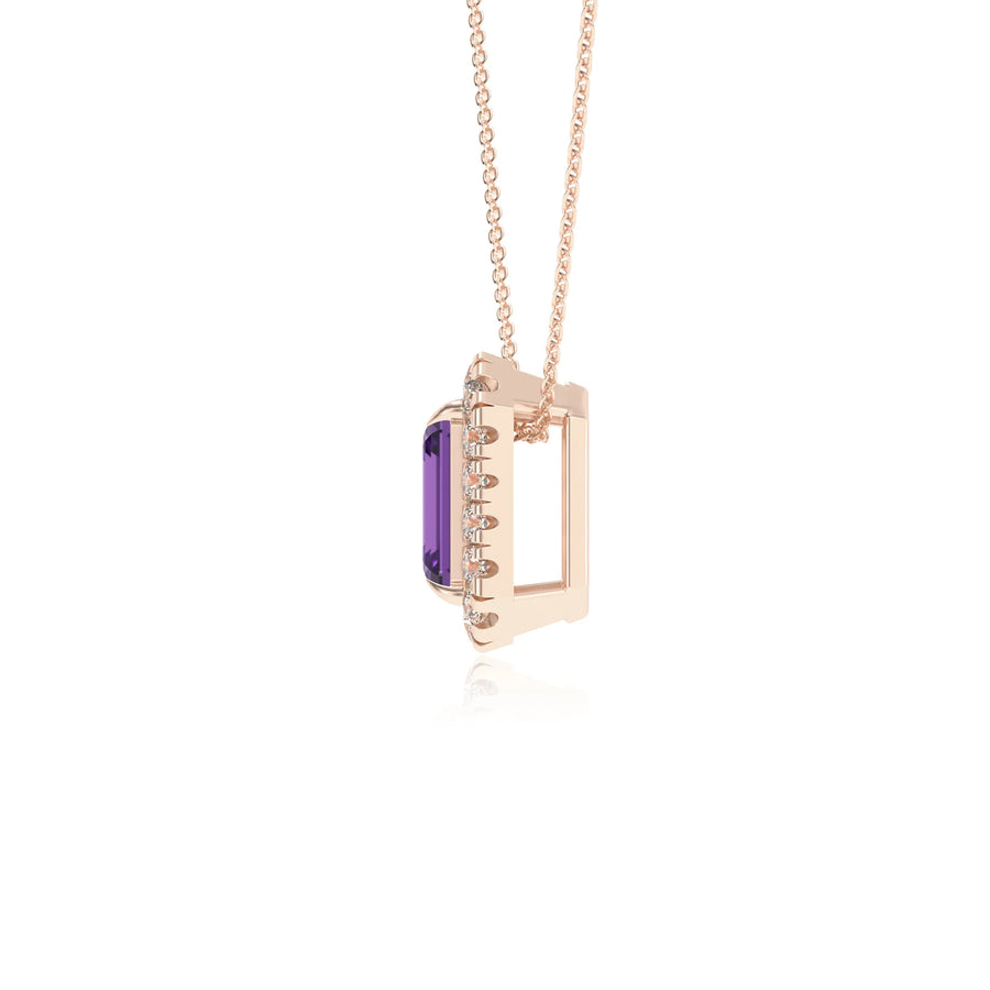 lab grown amethyst emerald cut solitaire necklaces in rose gold 
