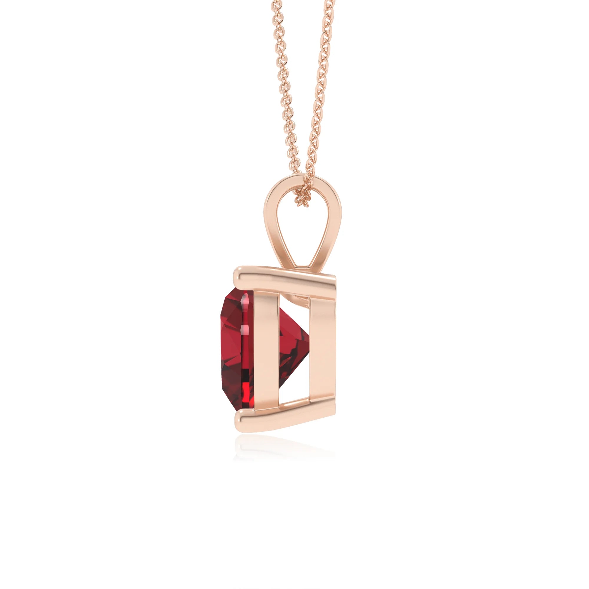lab grown ruby heart solitaire v-bale necklaces in rose gold 