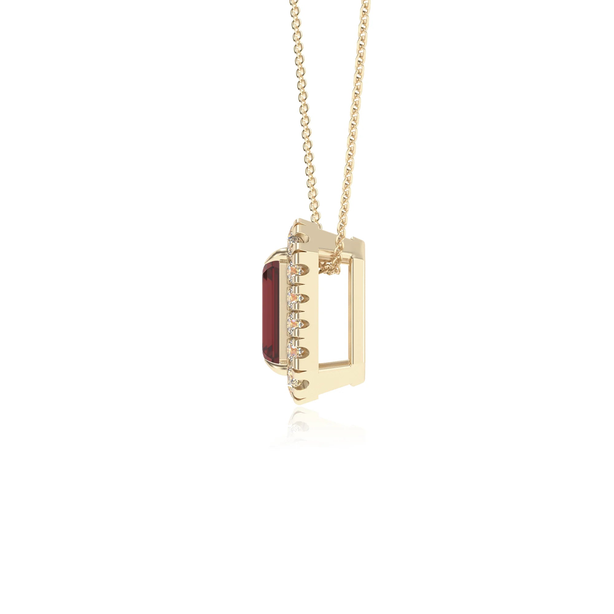 natural garnet emerald cut solitaire necklaces in yellow gold 