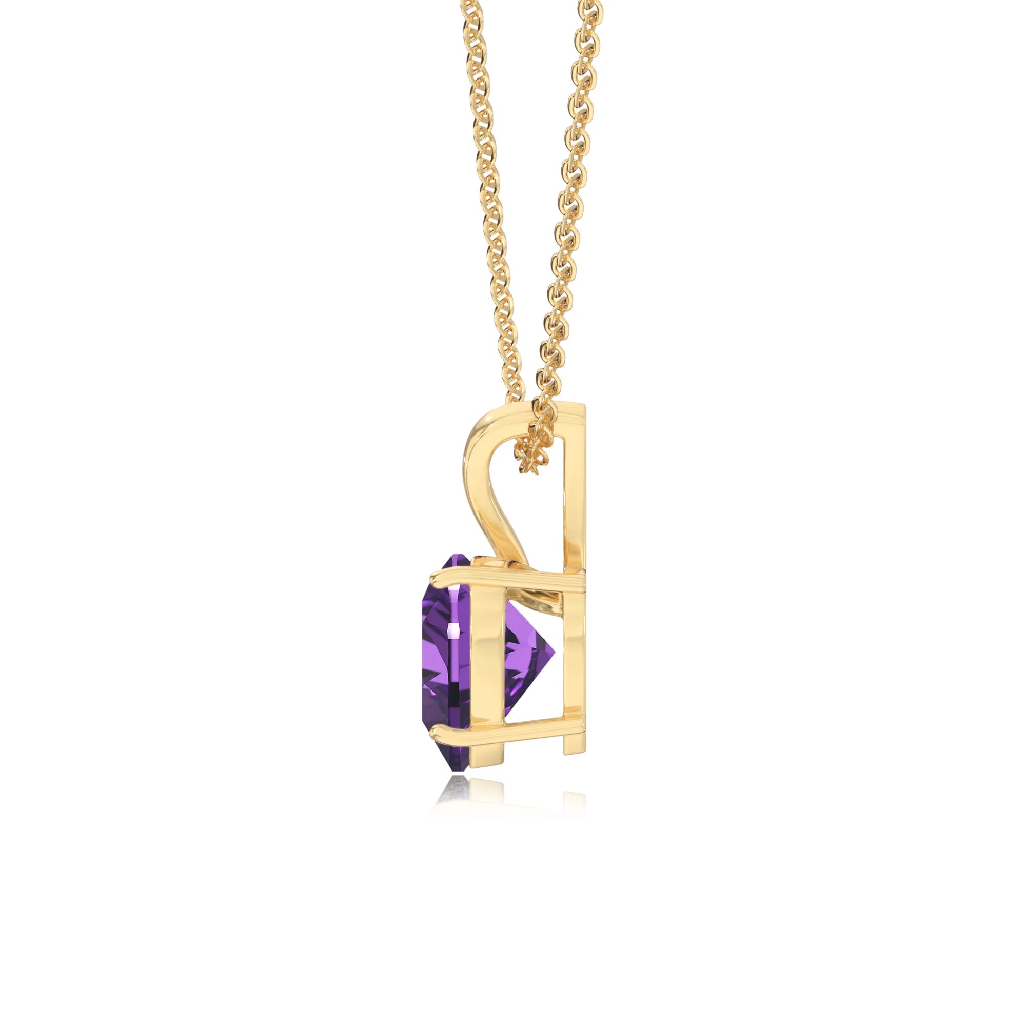 lab grown amethyst heart solitaire v-bale necklaces in yellow gold 