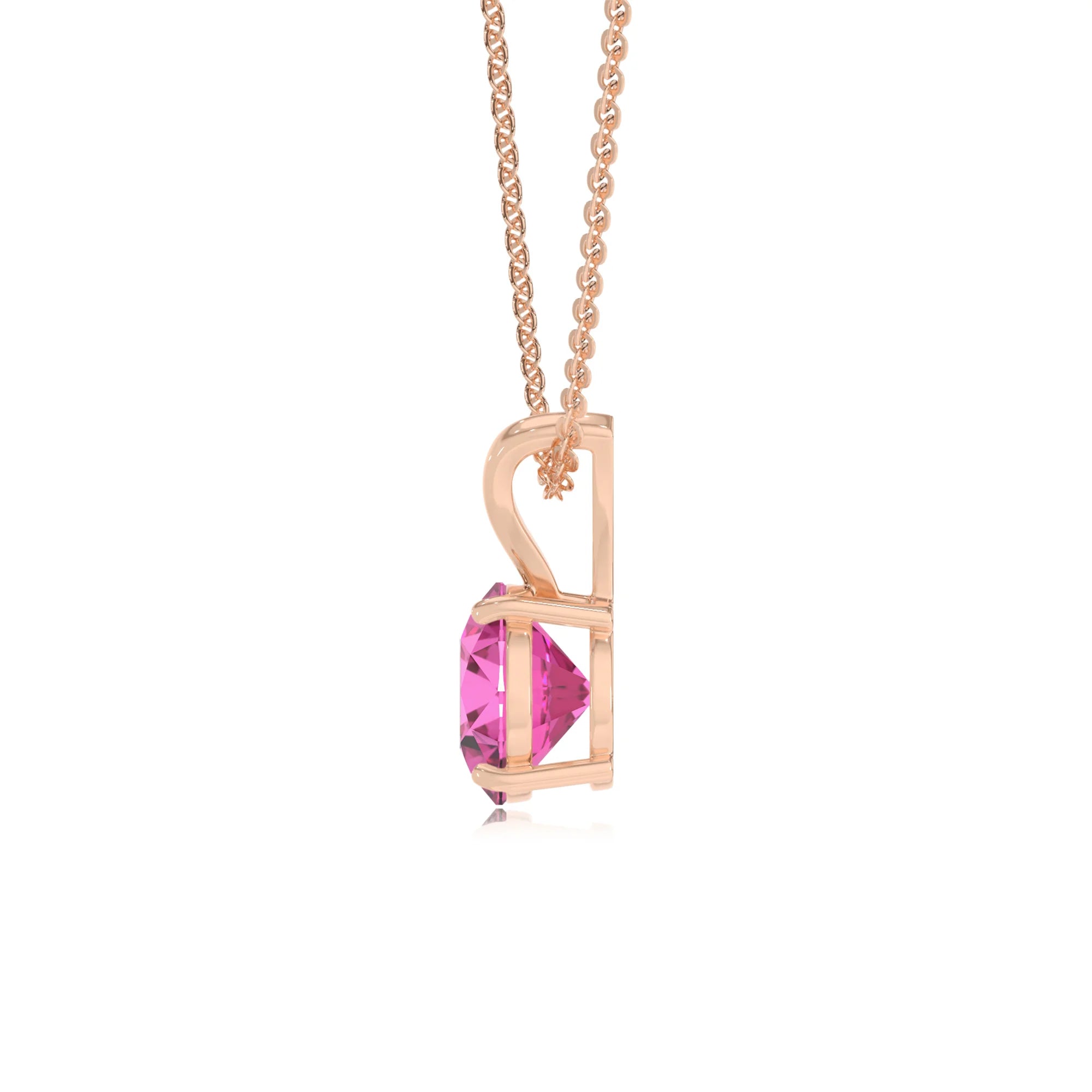 lab grown pink-sapphire round solitaire v-bale necklaces in rose gold 