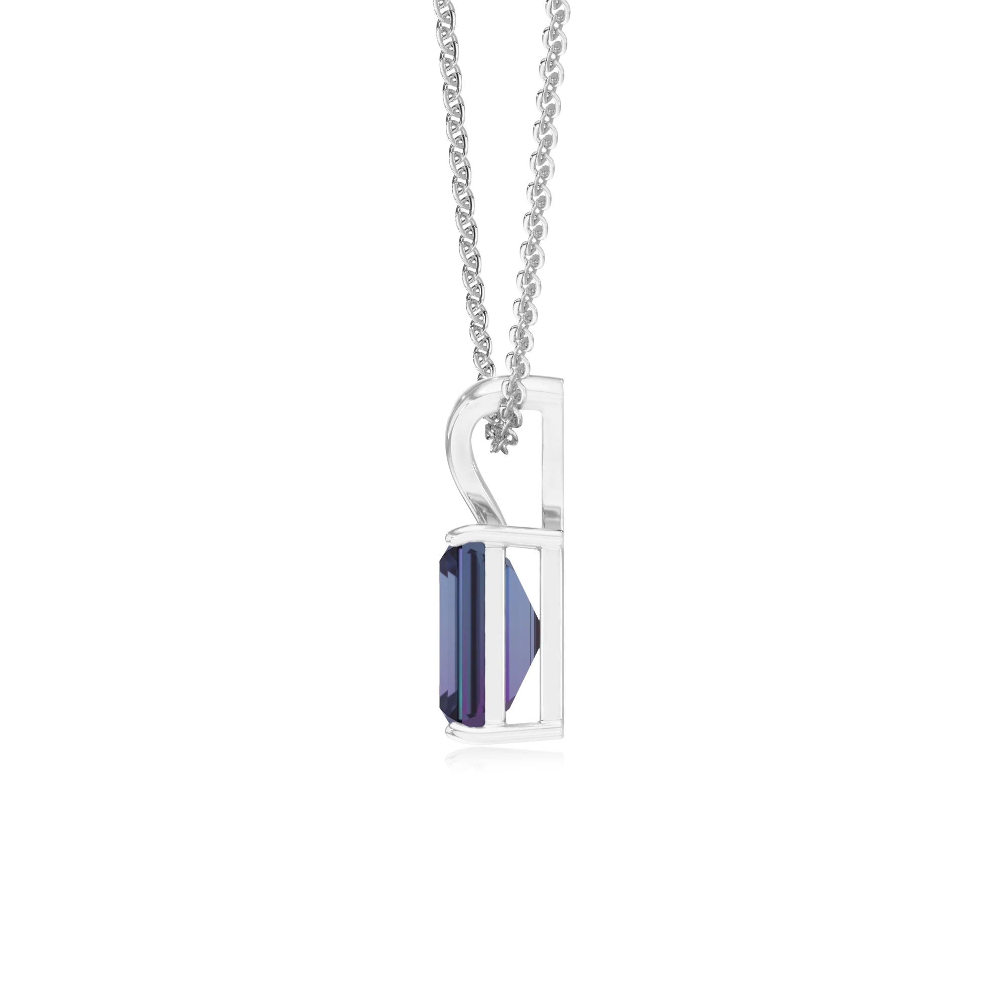 lab grown alexandrite emerald cut solitaire v-bale necklaces in sterling silver 