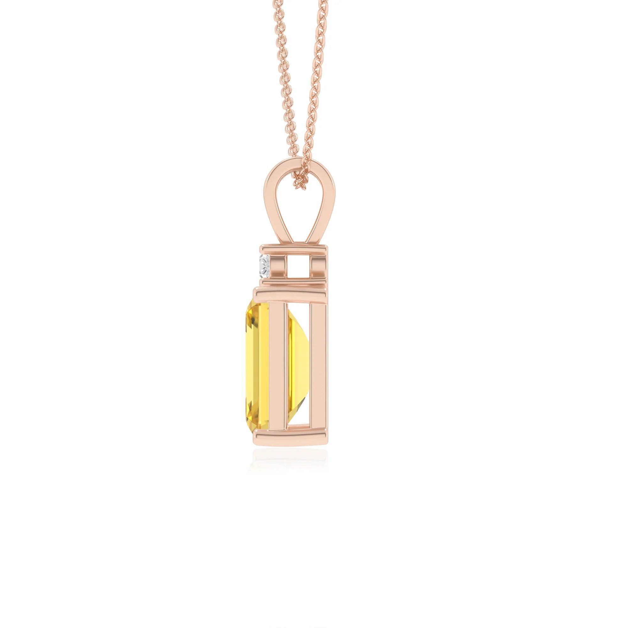 lab grown yellow-sapphire emerald cut solitaire v-bale necklaces in rose gold 