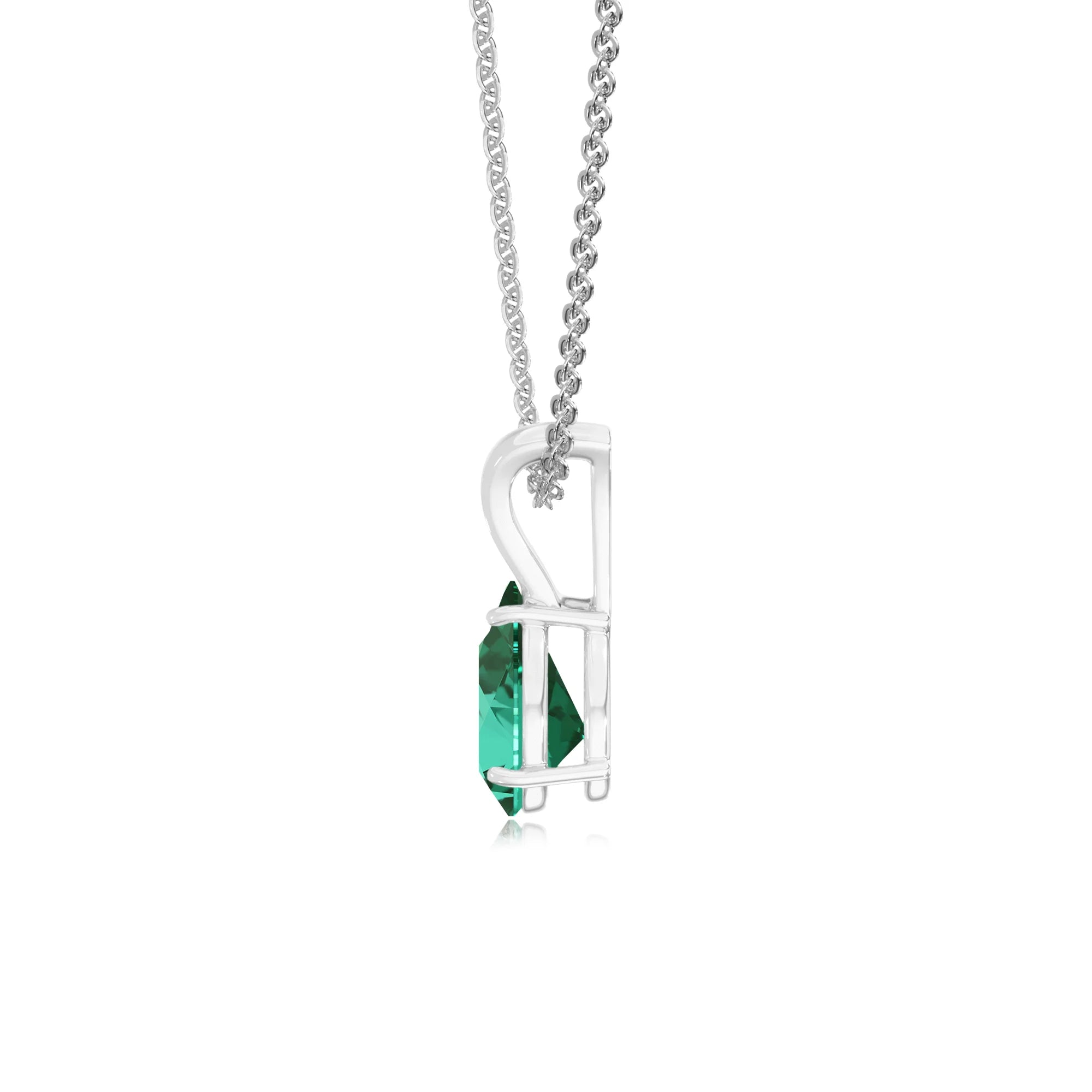 lab grown emerald pear solitaire v-bale necklaces in sterling silver 