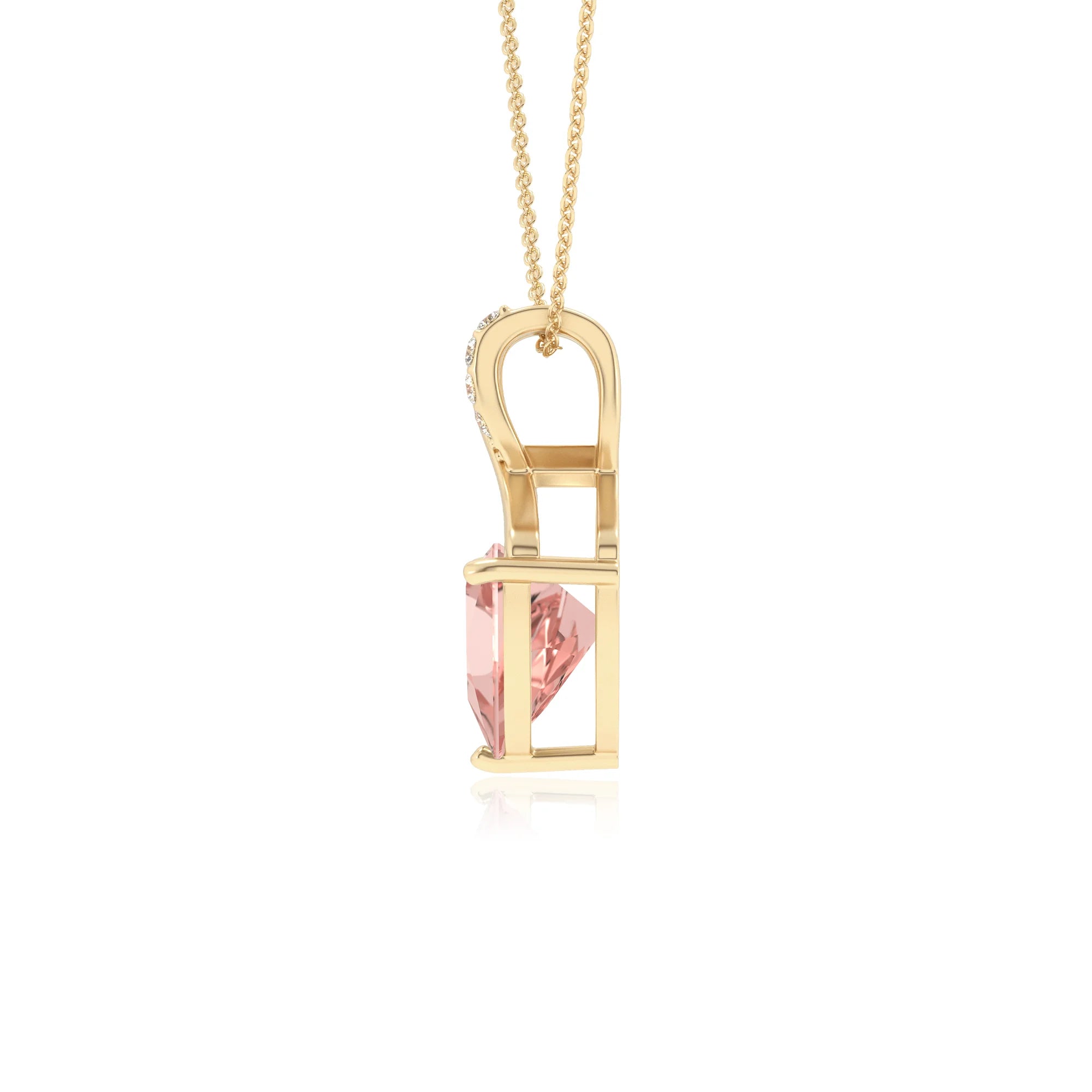 lab grown morganite trillion solitaire necklaces in yellow gold 