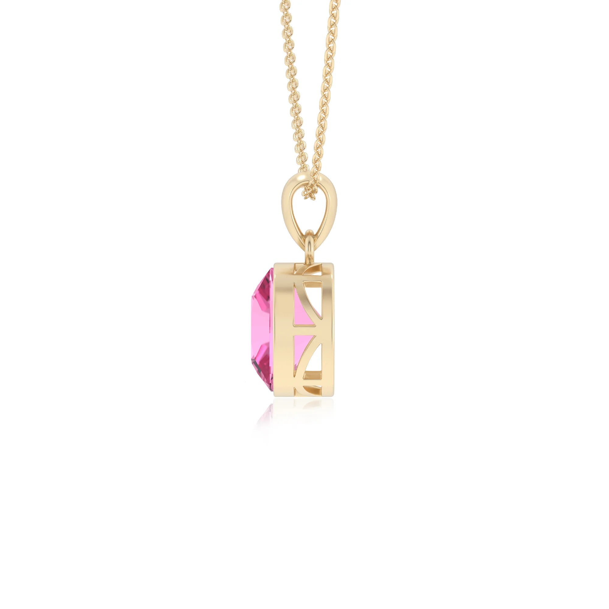 lab grown pink-sapphire cushion solitaire necklaces in yellow gold 