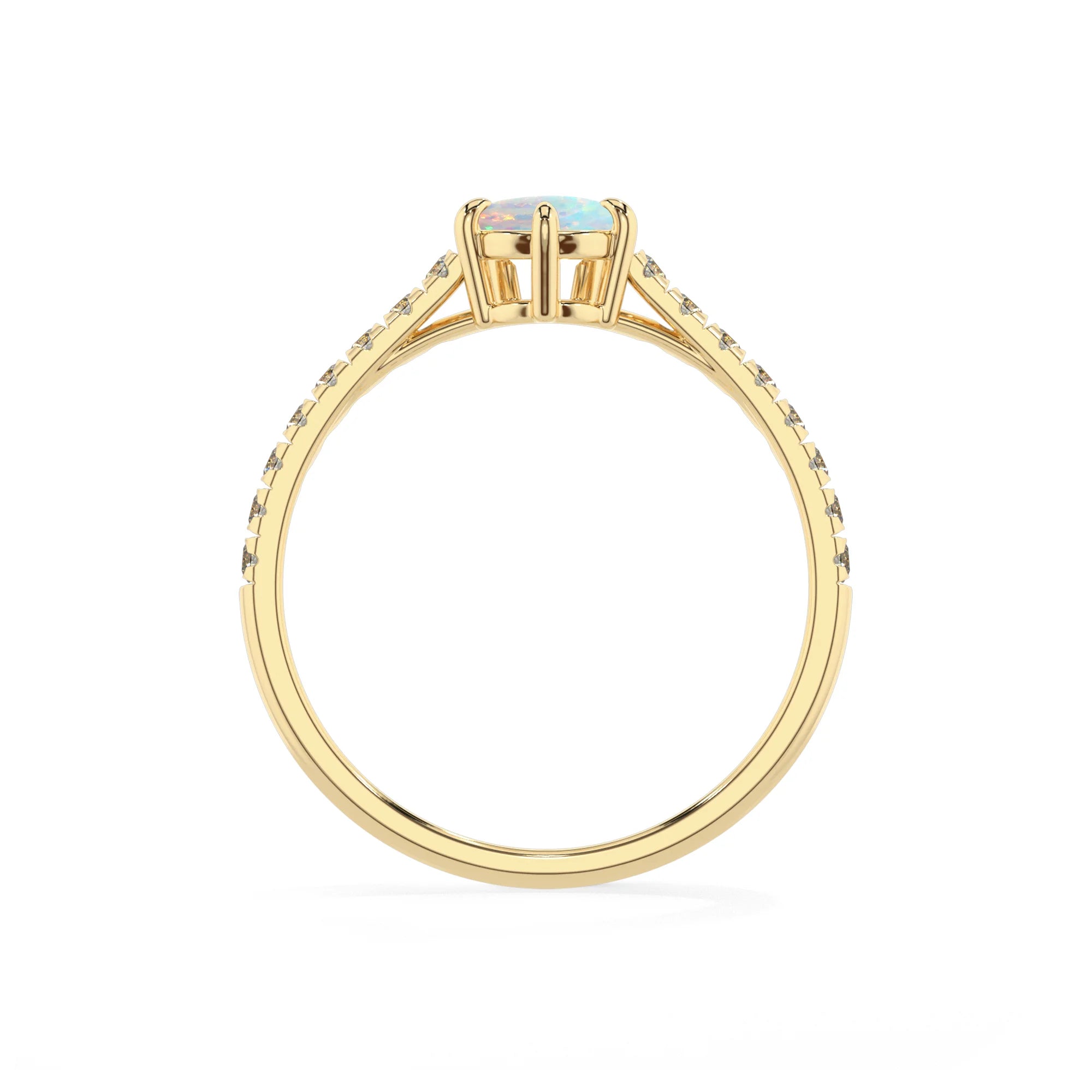 lab grown opal pear half eternity solitaire engagement rings in yellow gold 