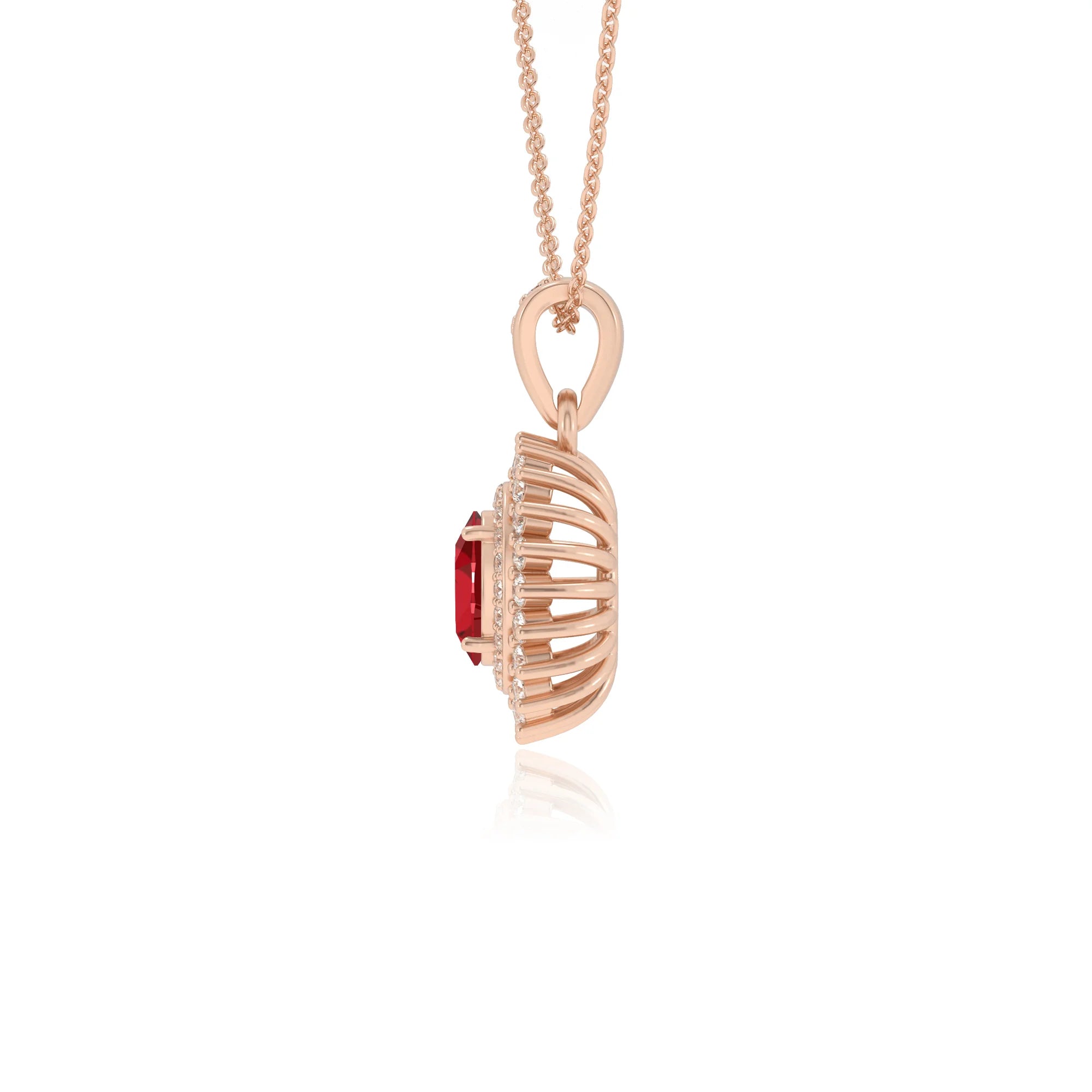 lab grown ruby oval halo necklaces in rose gold 