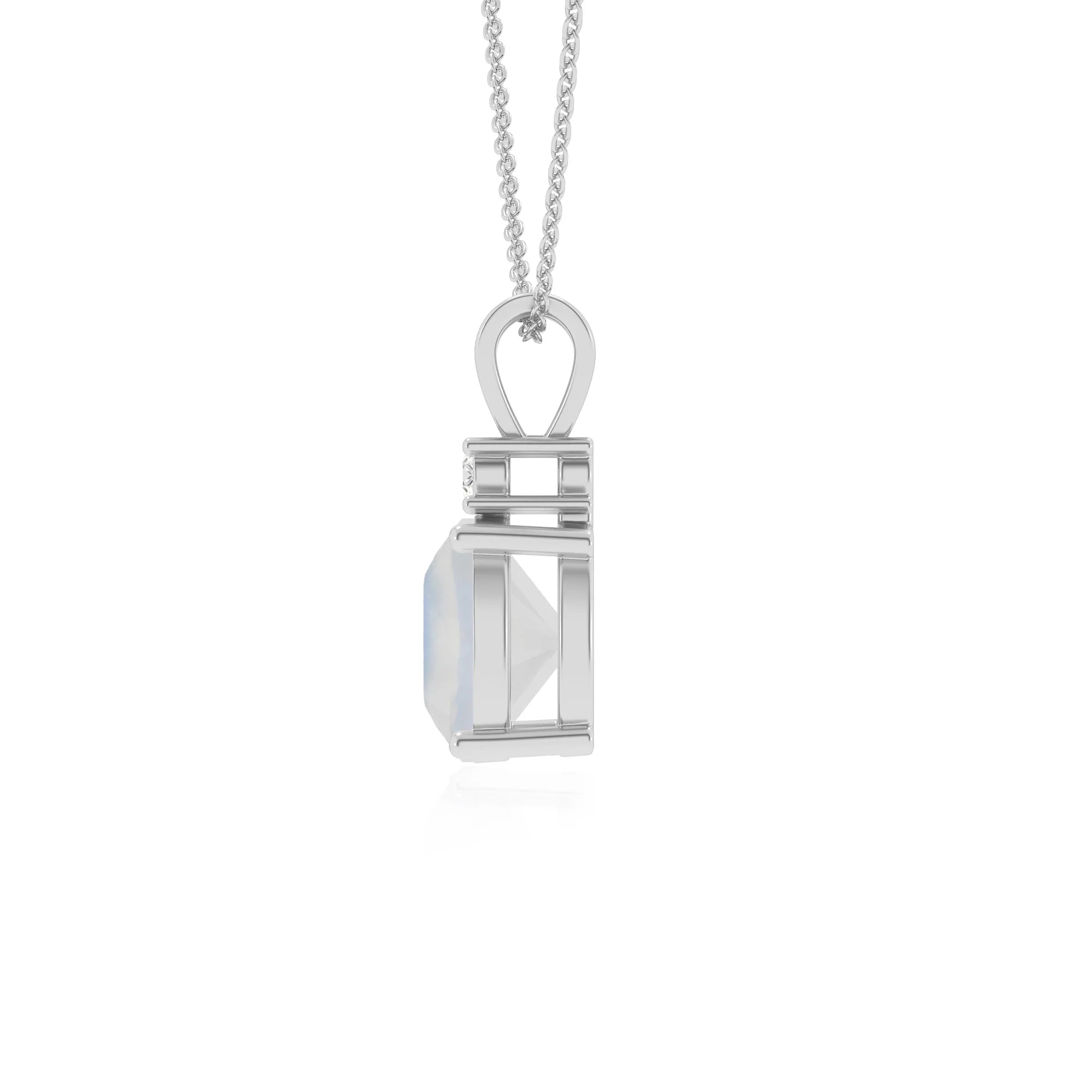 natural rainbow-moonstone cushion solitaire v-bale necklaces in white gold 