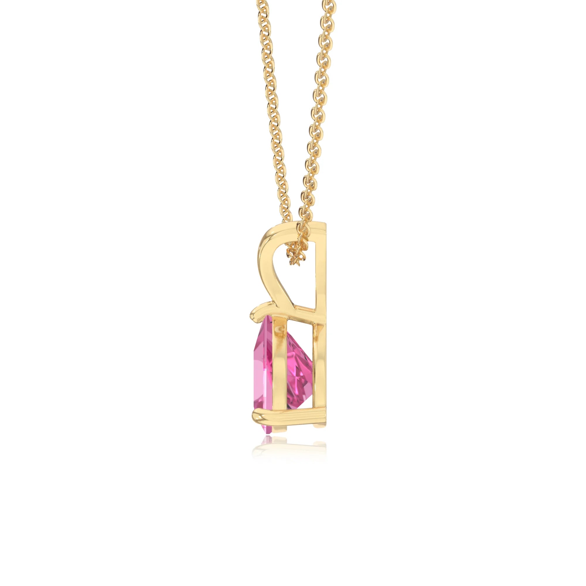 lab grown pink-sapphire trillion solitaire v-bale necklaces in yellow gold 