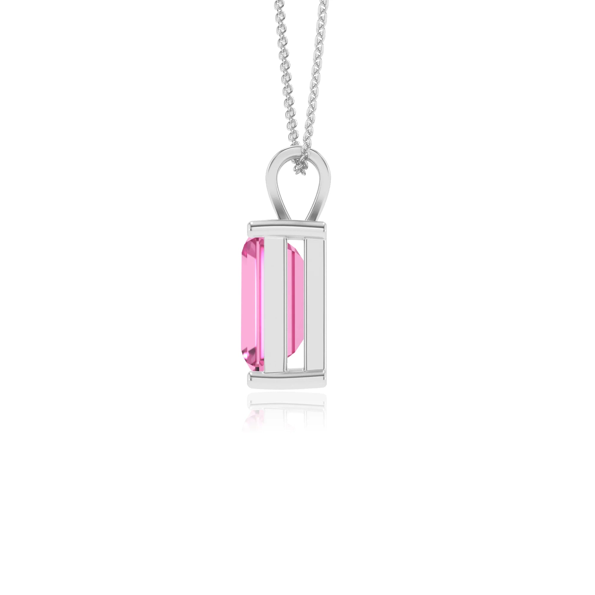 lab grown pink-sapphire emerald cut solitaire v-bale necklaces in platinum 